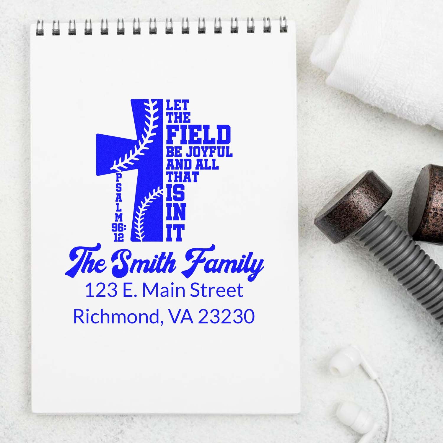Custom family rubber stamp design with baseball cross and Psalm 96:12, featuring name and address for personalized church stationery.