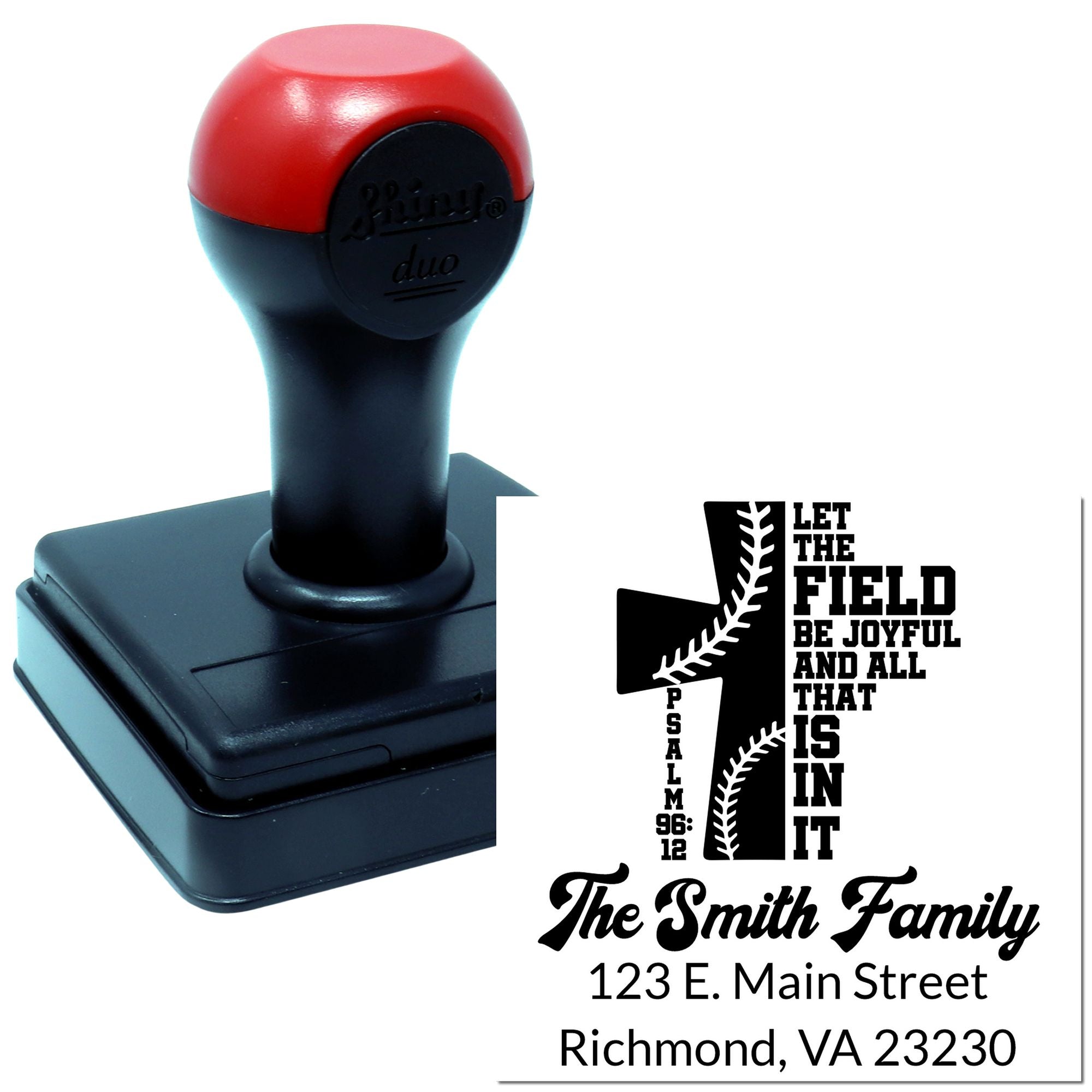 Custom self-inking return address rubber stamp with baseball-themed Psalm 96:12 design for The Smith Family.