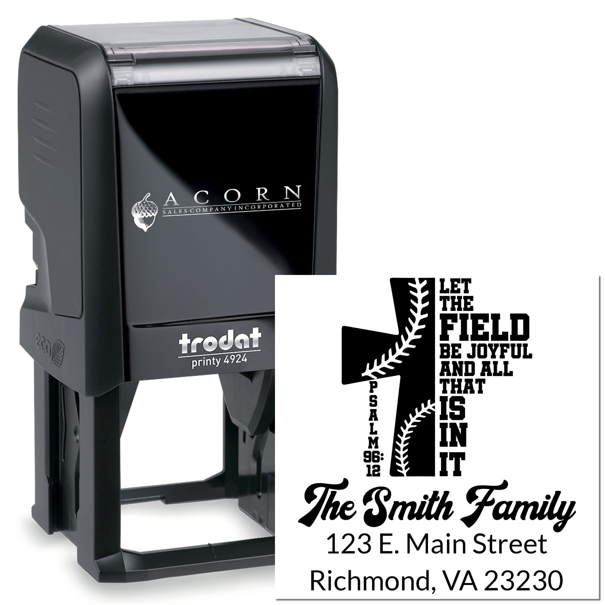 Custom self-inking rubber stamp for personalized family return address and baseball-themed home imprint.