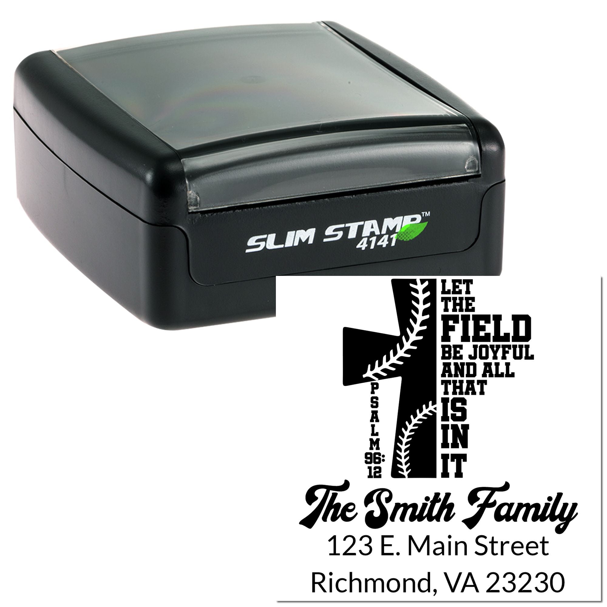 Slim Stamp 4141 custom self-inking rubber stamp with baseball-themed family address and quote design
