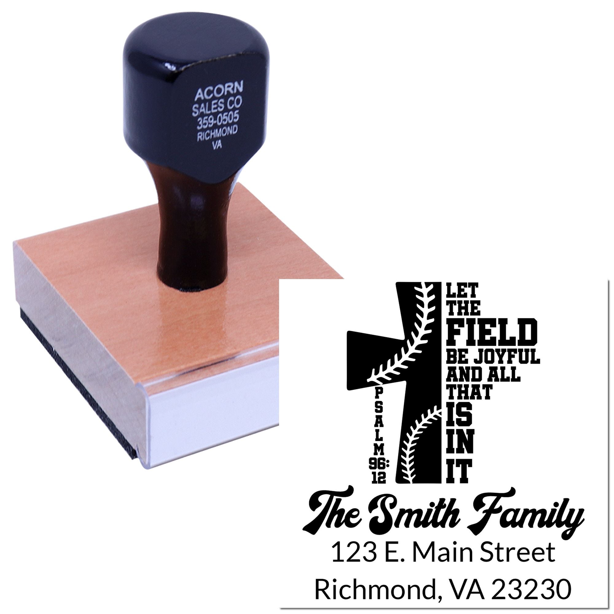 Custom rubber stamp with baseball Psalm 96:12 family address design for Richmond, VA mailing labels.