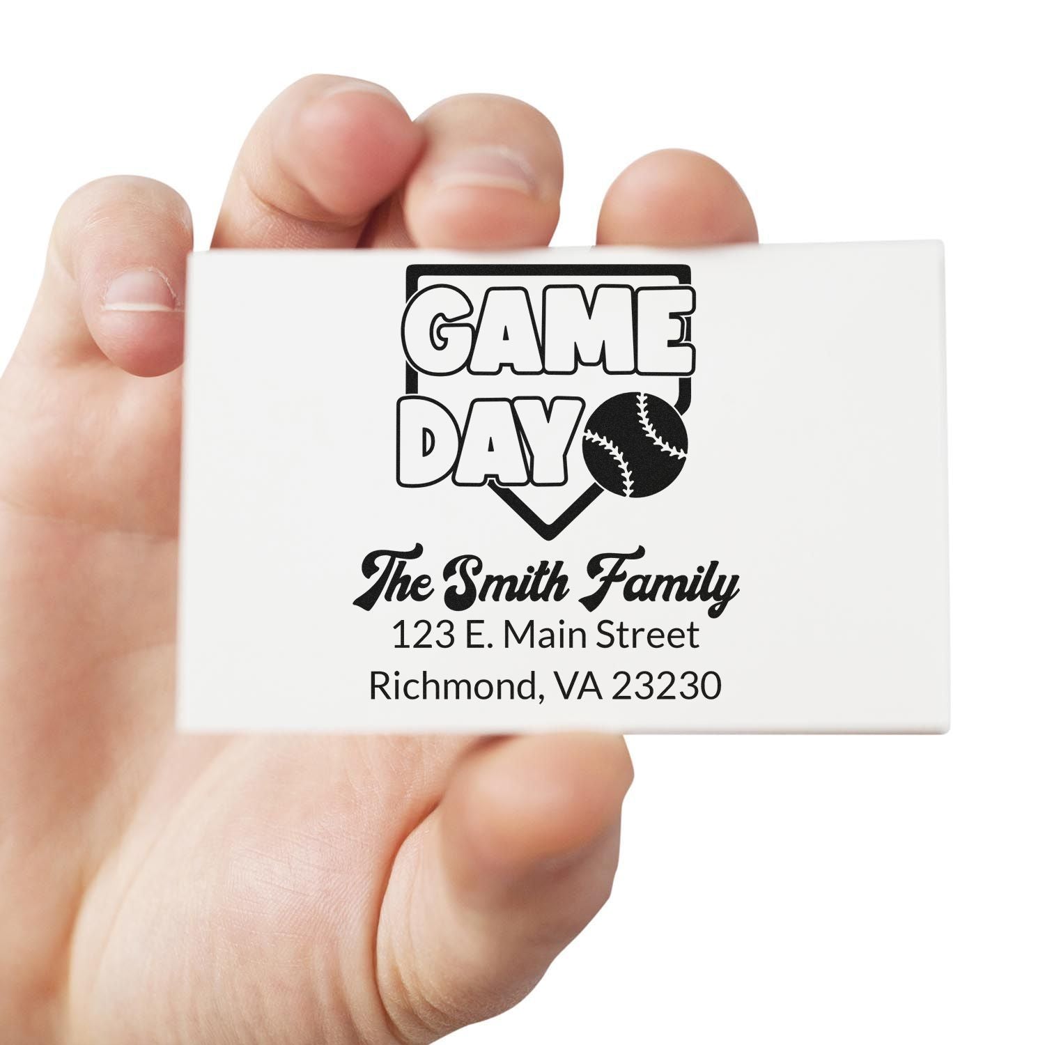 Personalized Game Day rubber stamp with baseball design, Smith Family name and address for sports-themed mail and packaging.