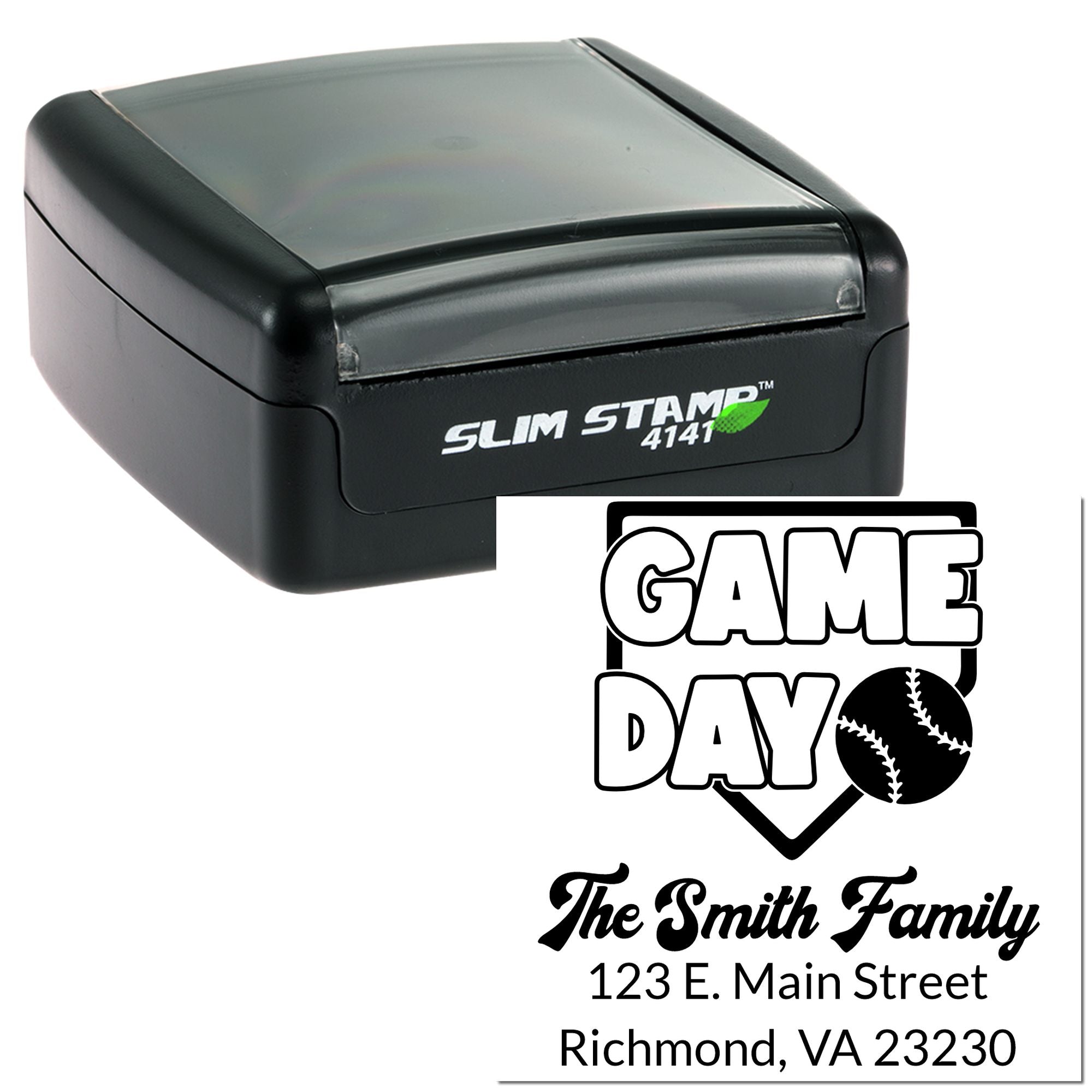 Custom self-inking rubber stamp for baseball game day with family name and address design.