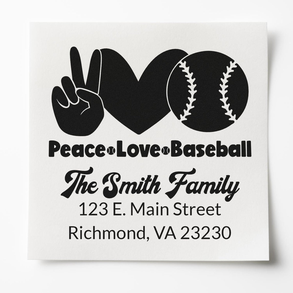 Custom rubber stamp design with peace sign, heart and baseball, personalized for The Smith Family with address in Richmond, VA.