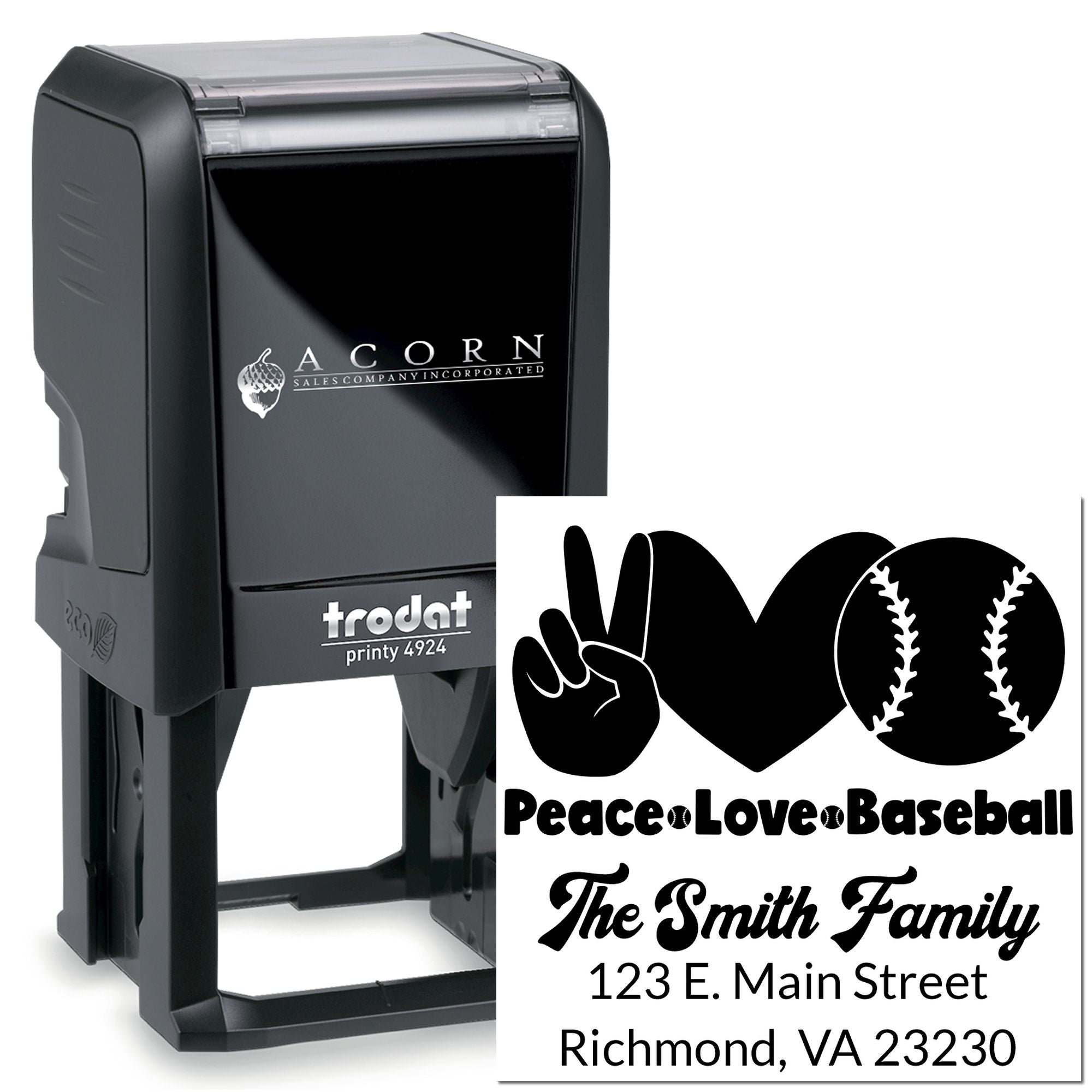 Trodat self-inking custom rubber stamp with baseball peace love design and Smith Family address imprint