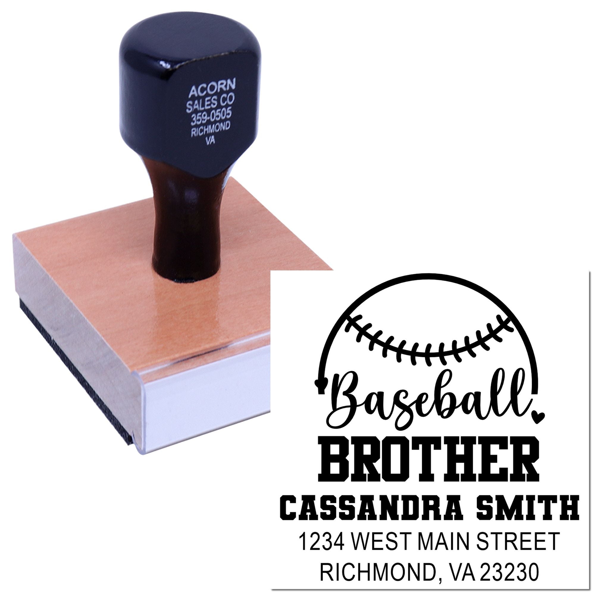 Custom baseball brother return address rubber stamp with self-inking design, name, street address and Richmond, VA.