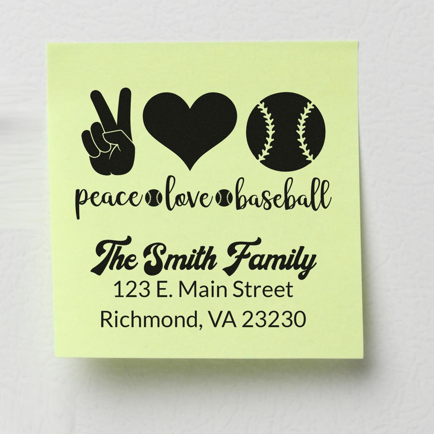 Personalized rubber stamp with peace love baseball design and The Smith Family return address for mailing.