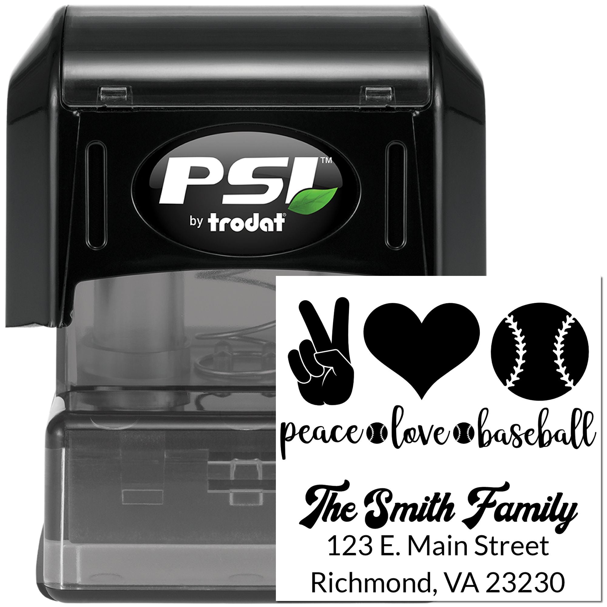 PSI by Trodat self-inking rubber stamp with custom baseball peace love baseball family return address design.