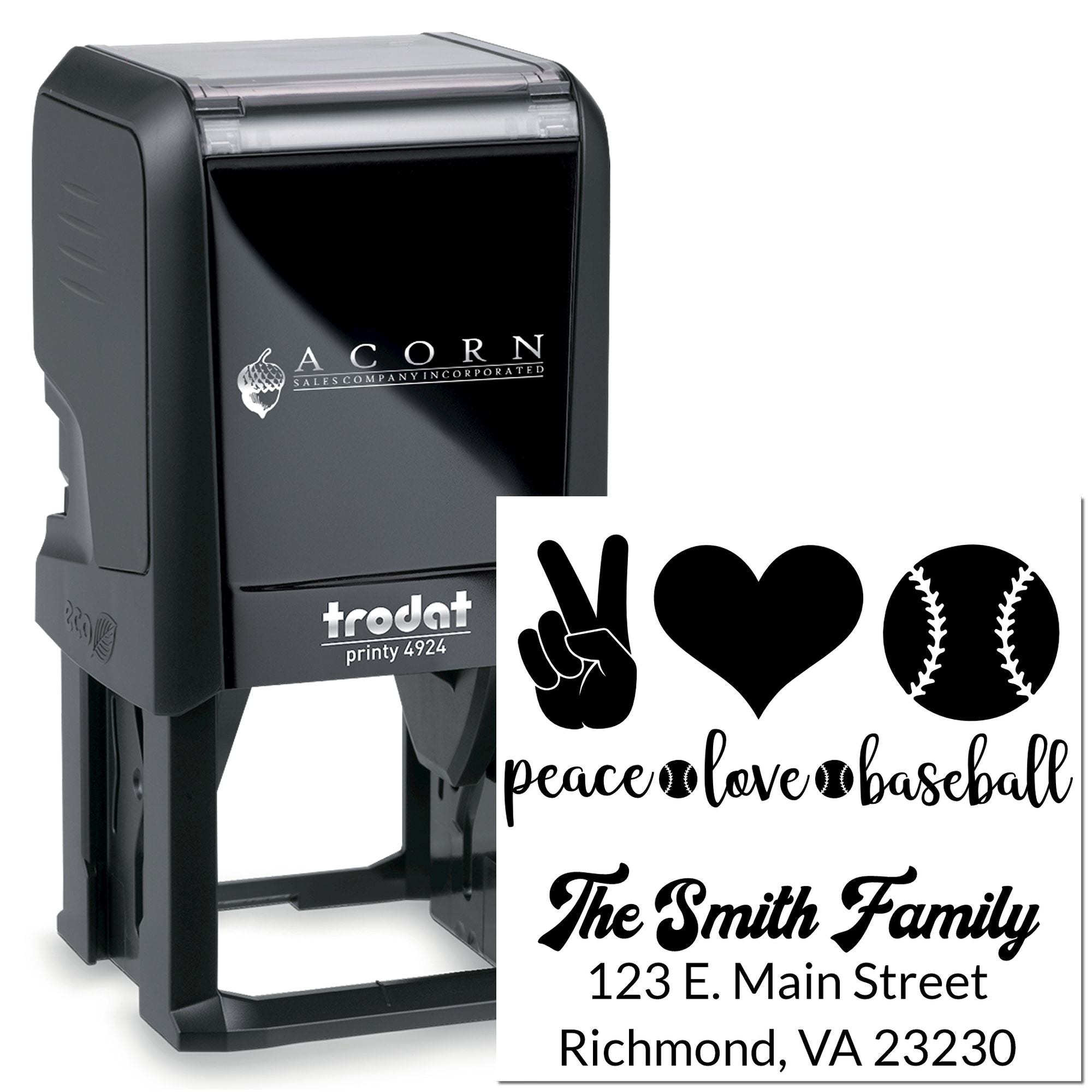 Custom Trodat Printy 4924 self-inking rubber stamp with personalized logo, name, and baseball design for business or family use.