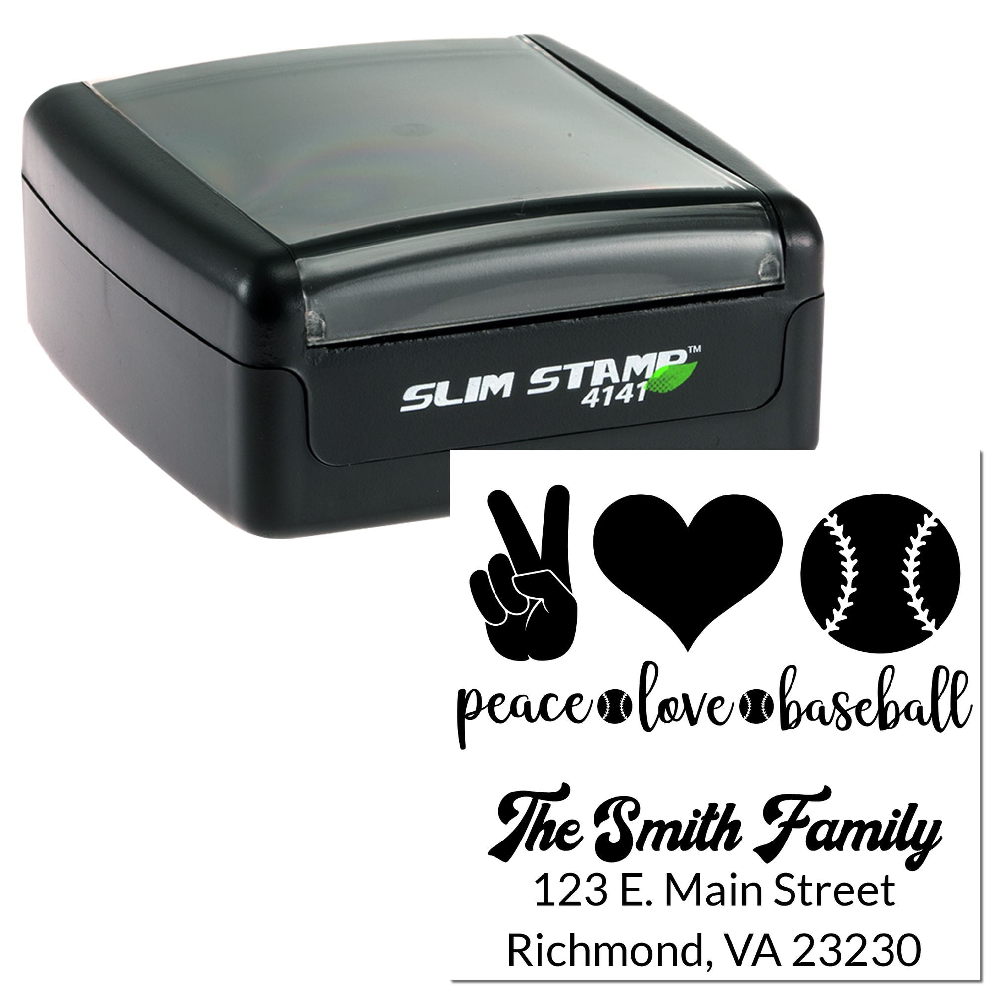Slim self-inking rubber stamp with custom baseball family address design, featuring peace love baseball and return address.