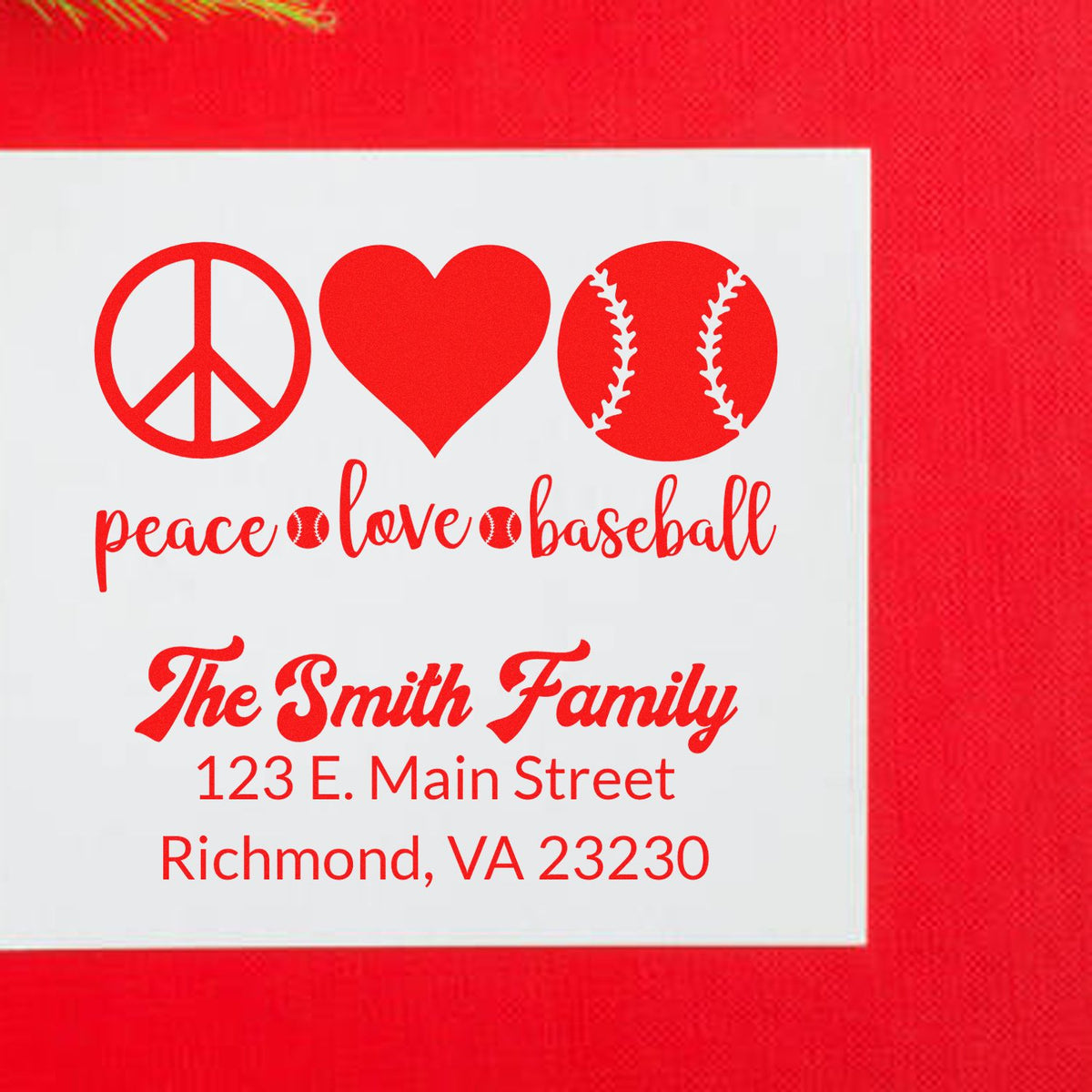 Custom baseball-themed address rubber stamp with peace love baseball design and personalized Smith family name and Richmond, VA address