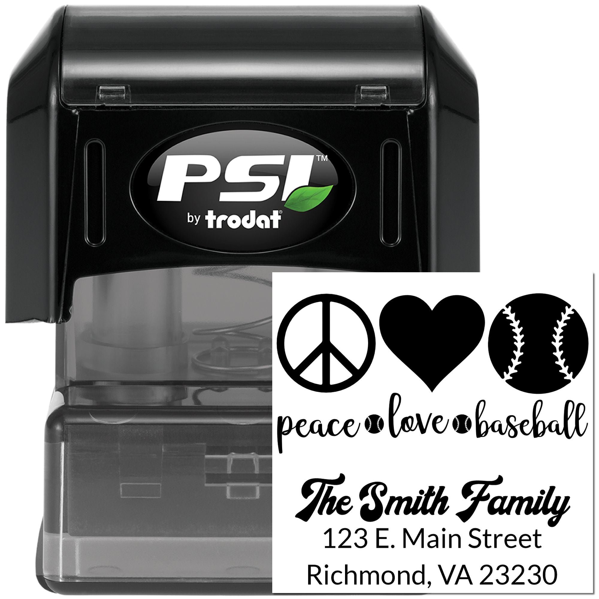 PSI by Trodat personalized self-inking rubber stamp with custom peace, love, baseball and address imprint examples