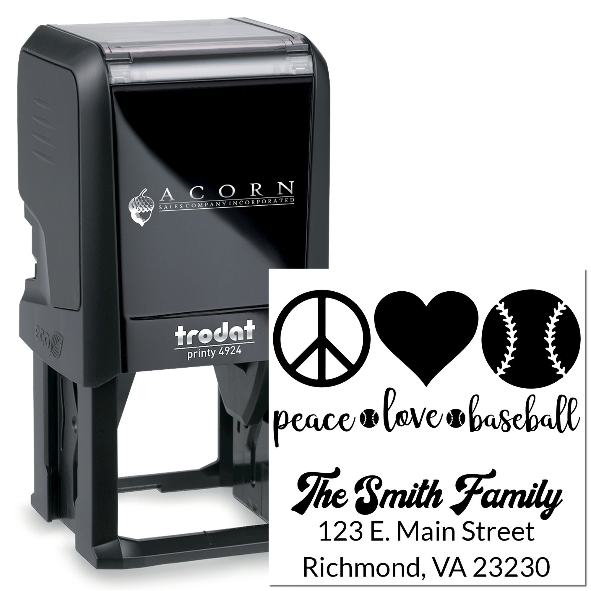 Custom self-inking rubber stamp for logos, symbols and return address imprints, with Trodat Printy 4924 stamp.