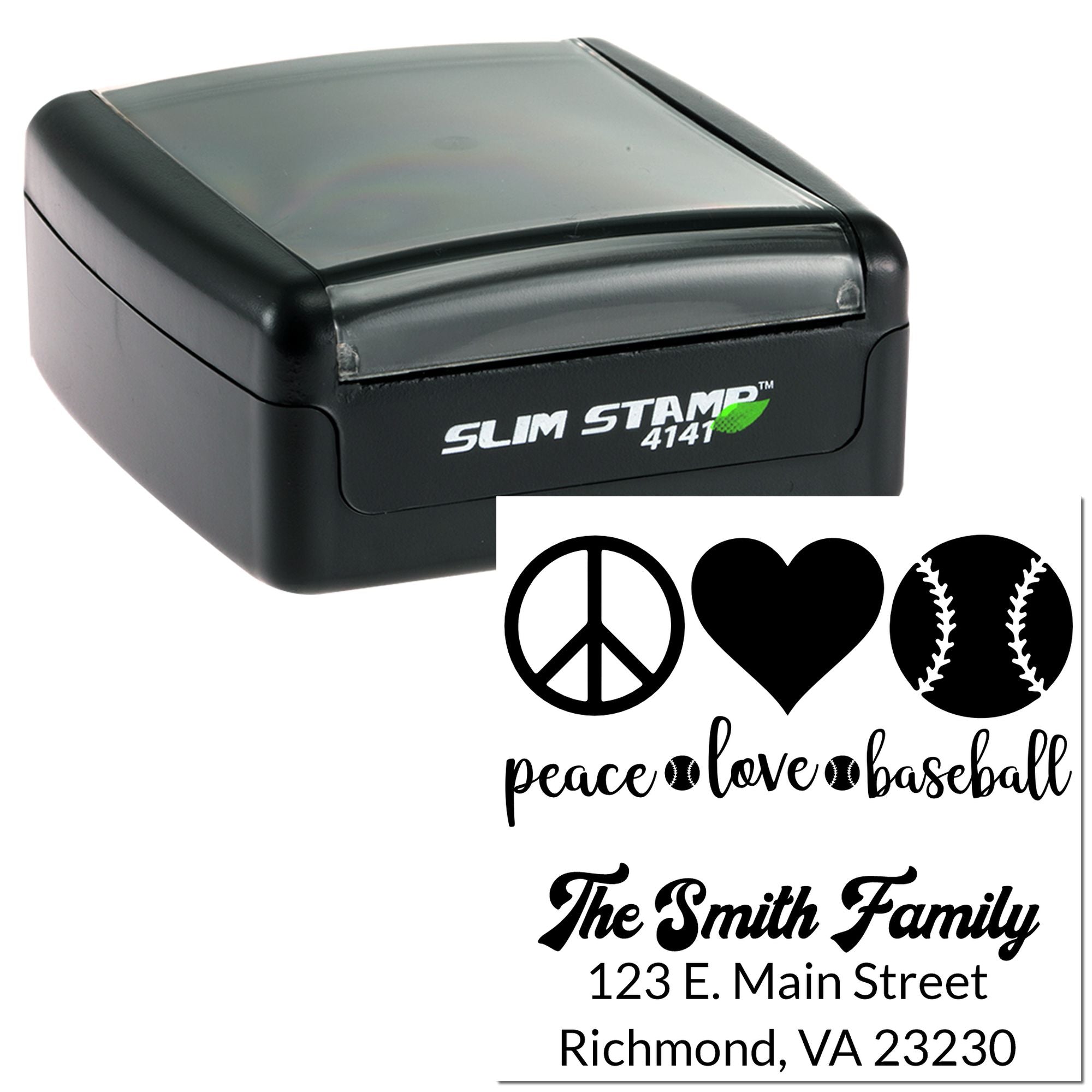 Custom self-inking rubber stamp examples with peace, heart, baseball designs and a family address return stamp.