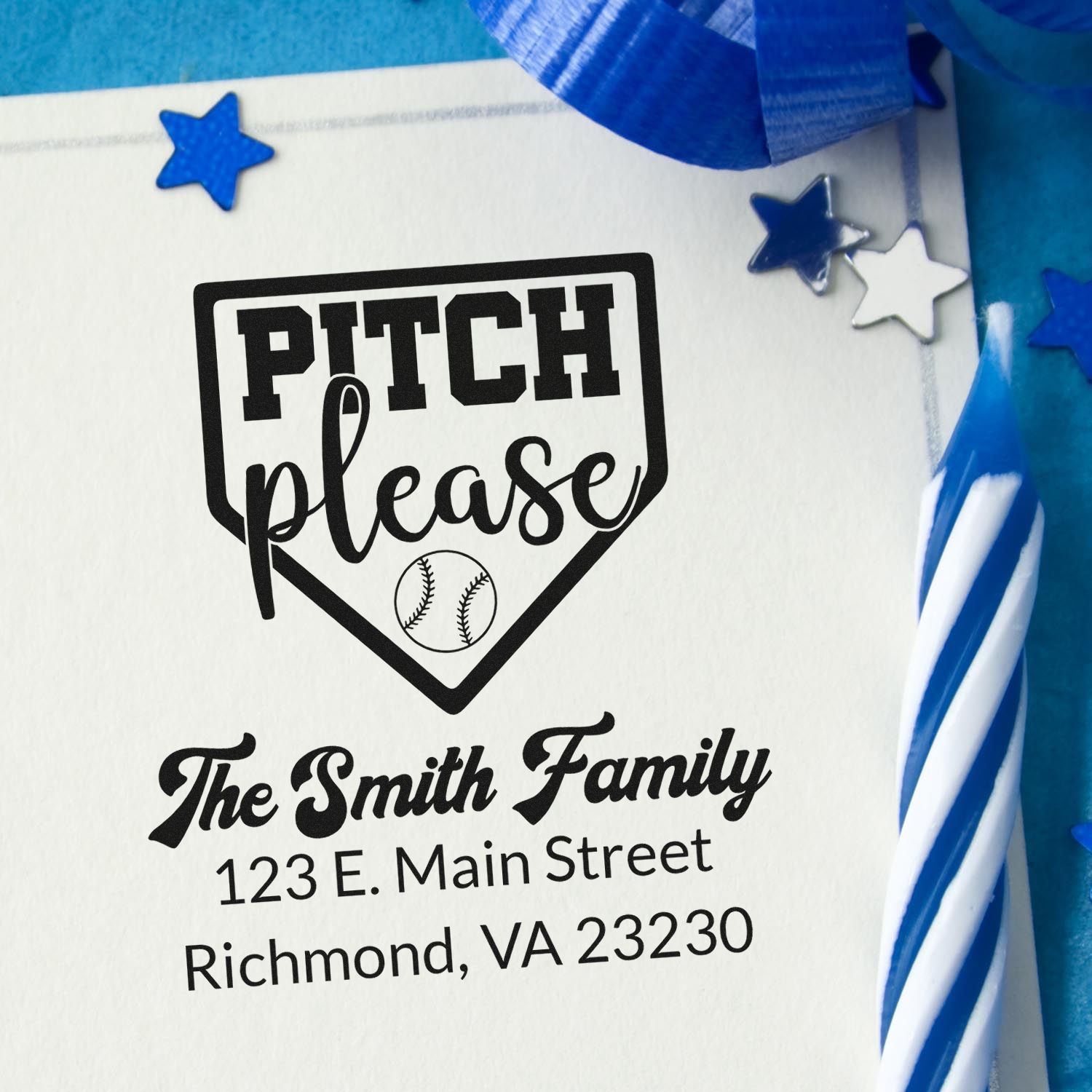 Personalized baseball return address rubber stamp with Pitch Please design for family stationery, invitations, and sports party mail.
