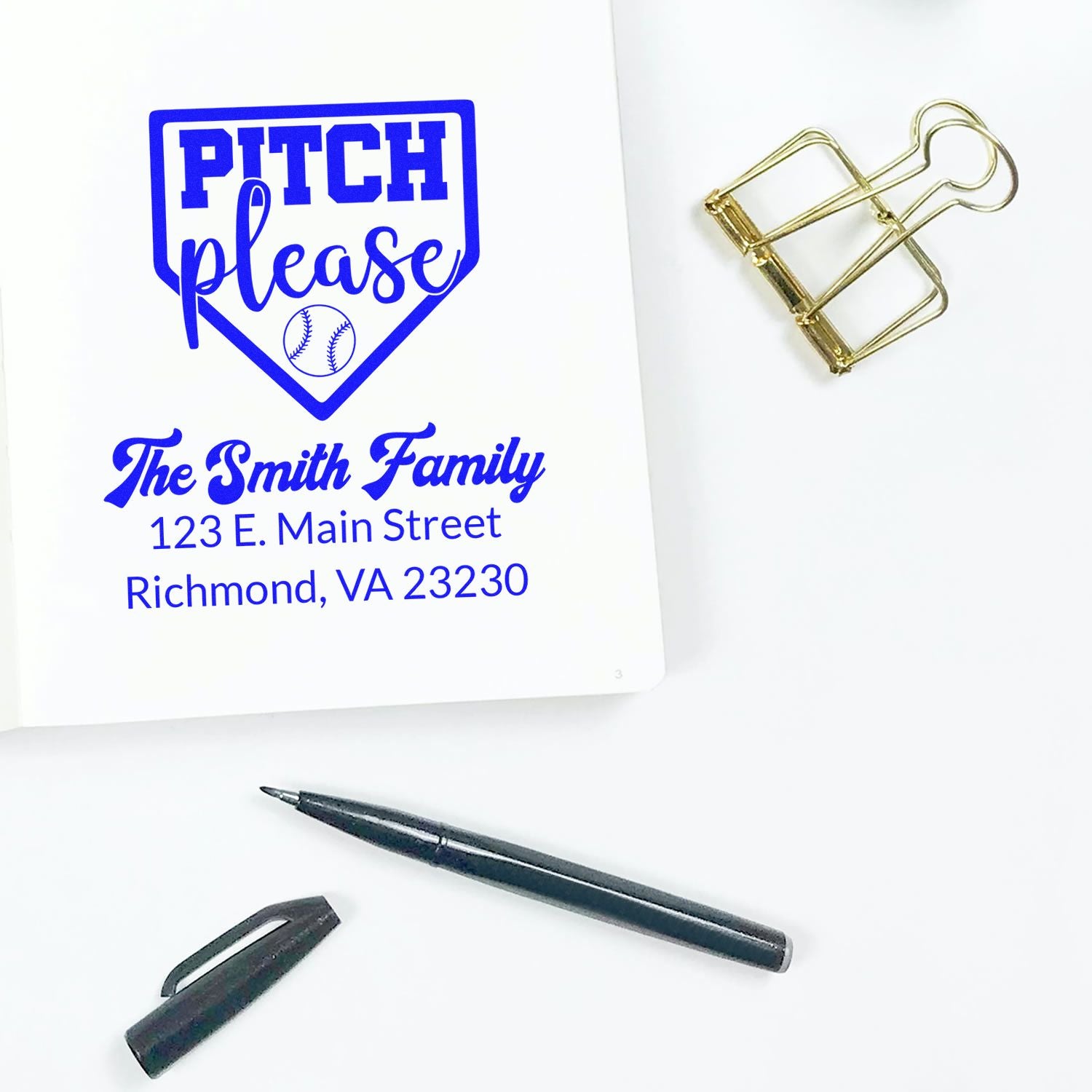 Custom baseball return address rubber stamp with Pitch Please design and The Smith Family address.