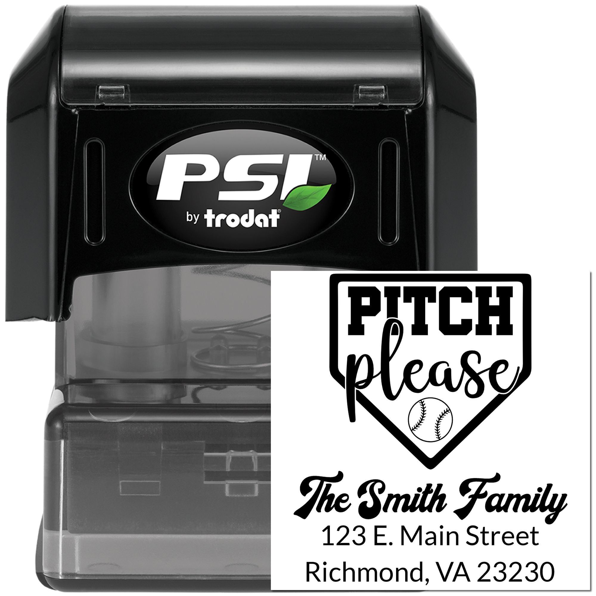 Custom self-inking rubber stamp with baseball Pitch Please design, family name, and return address for sports-themed mailings.