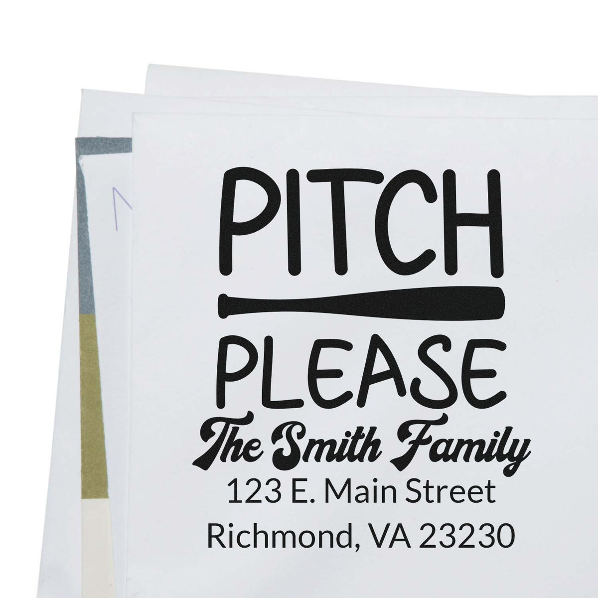 Custom baseball-themed return address rubber stamp with Pitch Please, family name, and address for personalized mail.