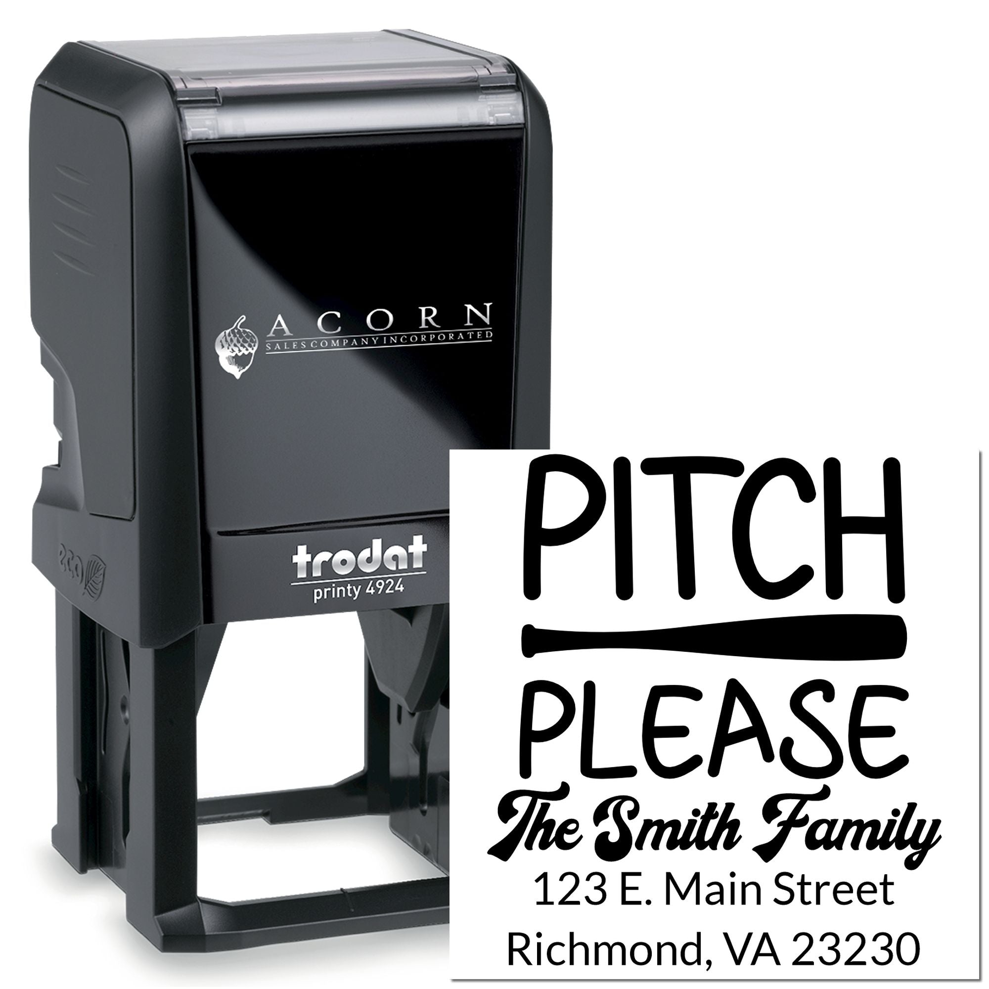Custom self-inking address rubber stamp, Trodat Printy 4924, with Pitch Please and The Smith Family return address imprint.