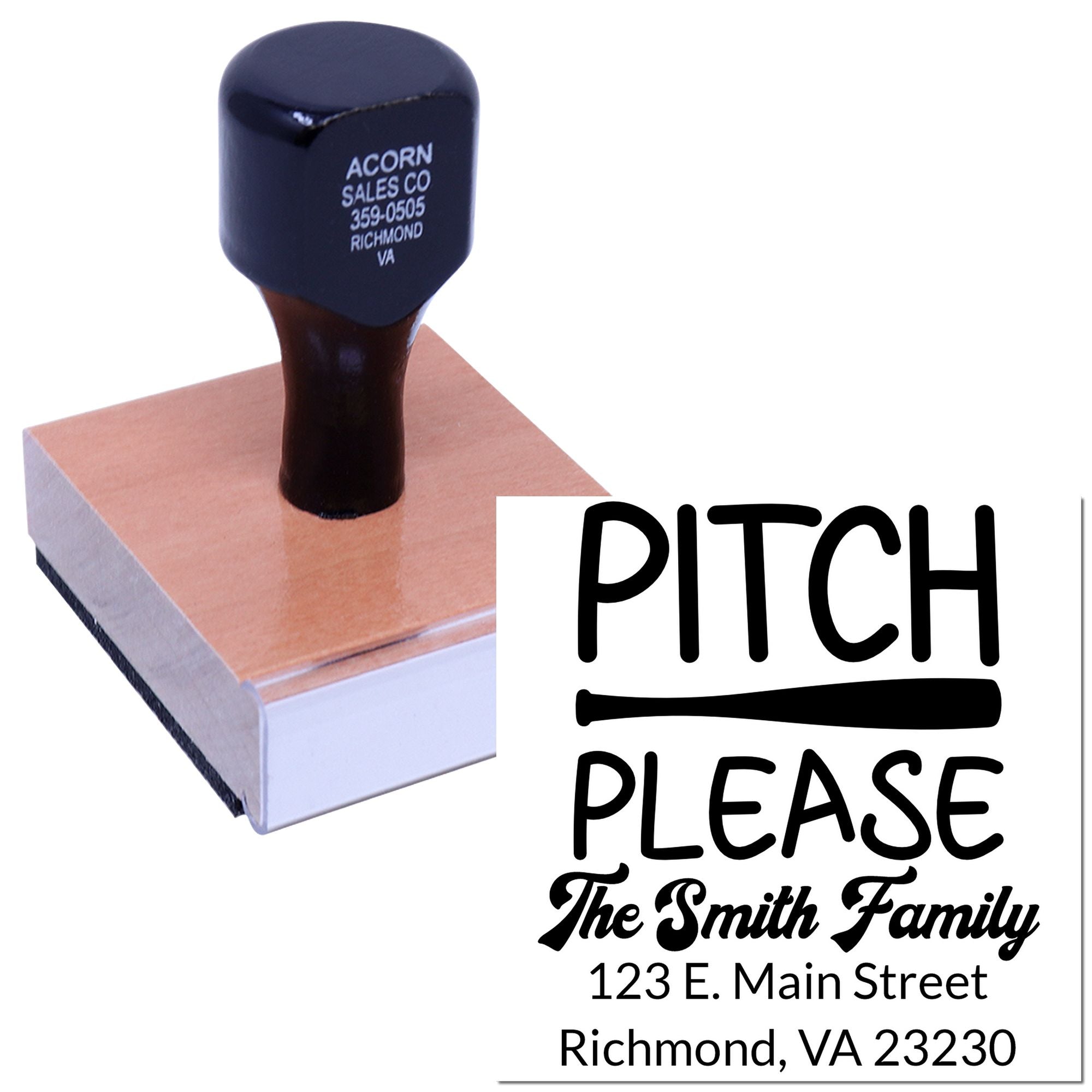 Custom baseball-themed address rubber stamp with Pitch Please family return address design, Richmond, VA.