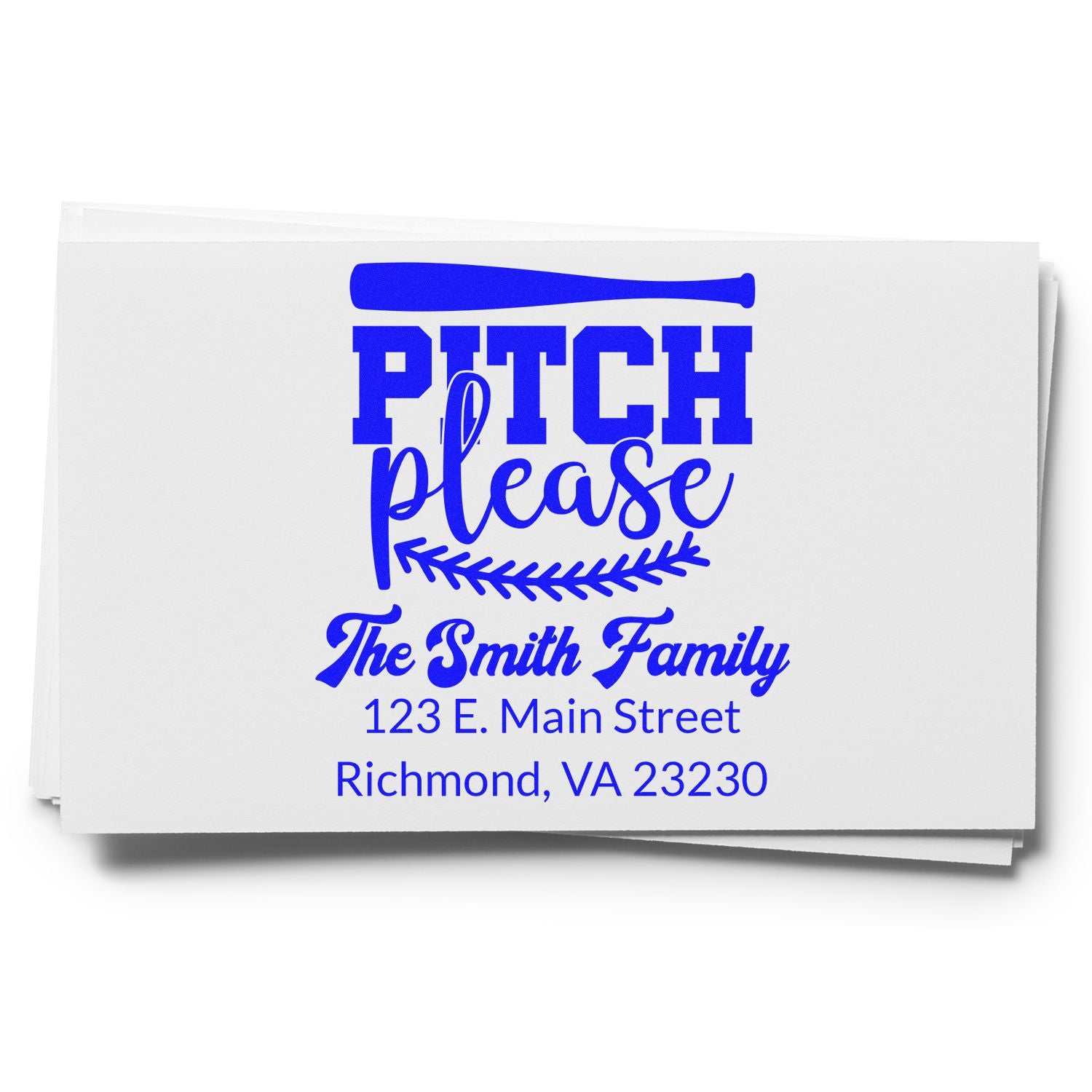 Custom return address rubber stamp for The Smith Family, featuring Pitch Please design and Richmond, VA address.