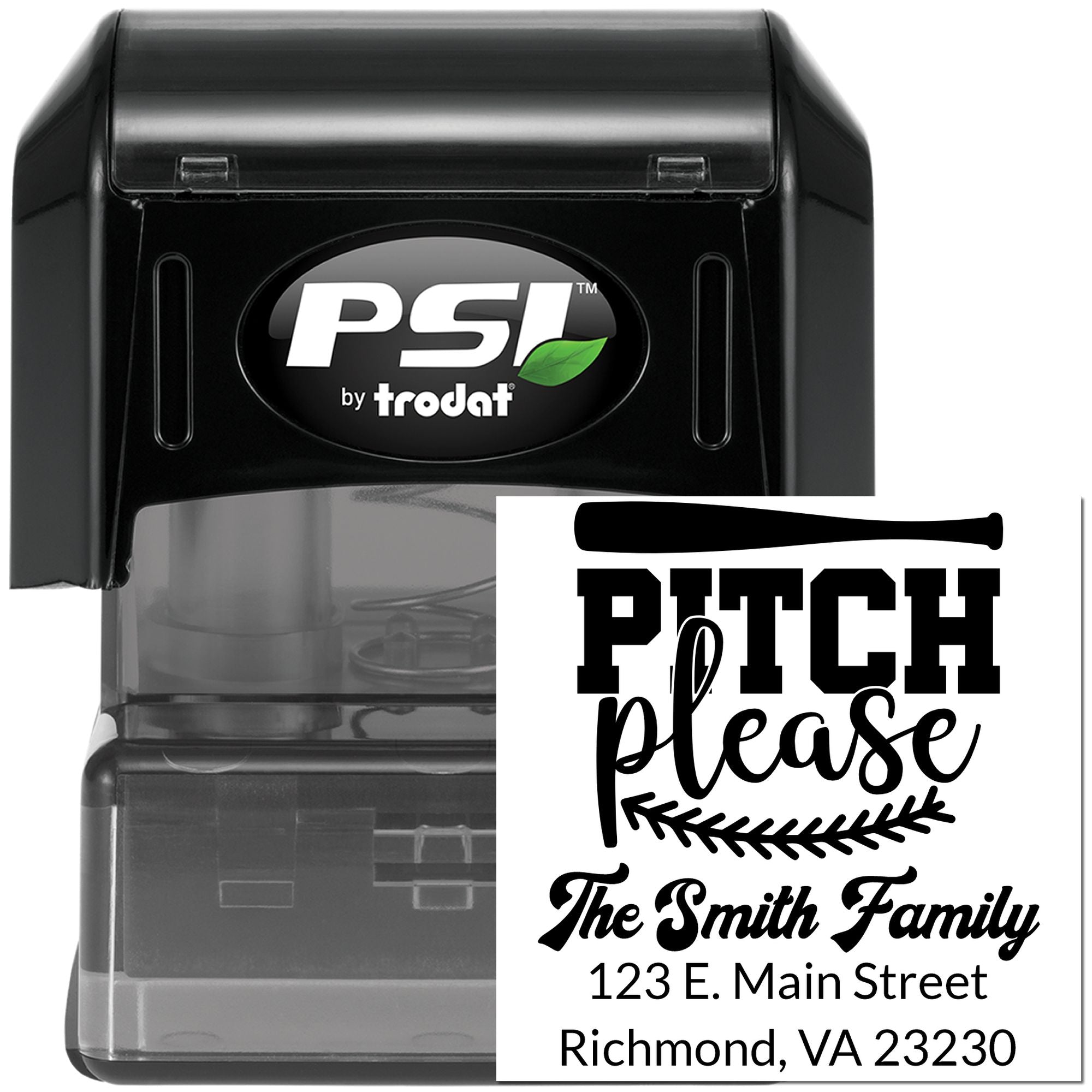 PSI by Trodat self-inking custom address rubber stamp with Pitch Please family design for mailing and gifts