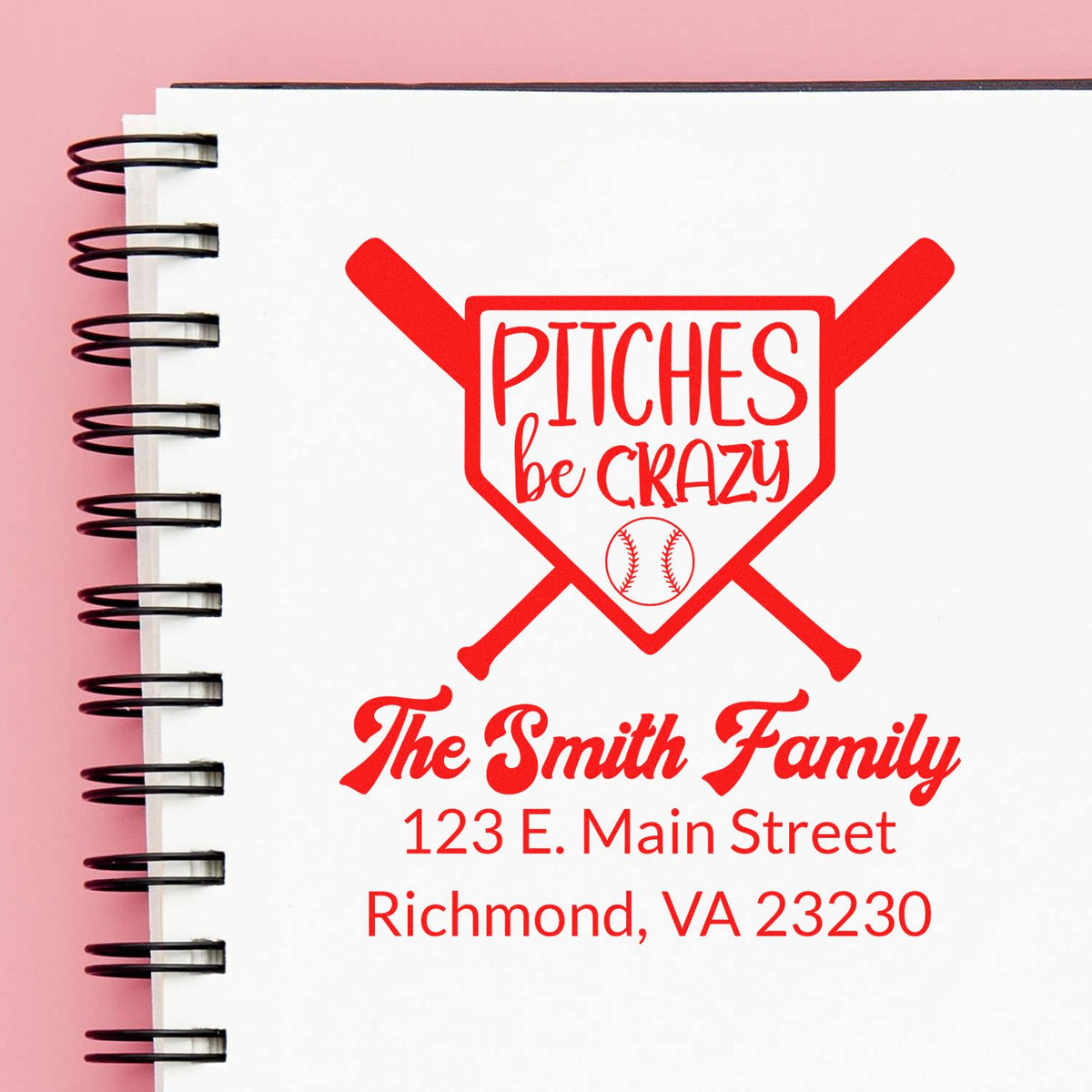 Custom baseball return address rubber stamp for The Smith Family, featuring Pitches Be Crazy and Richmond, VA address.