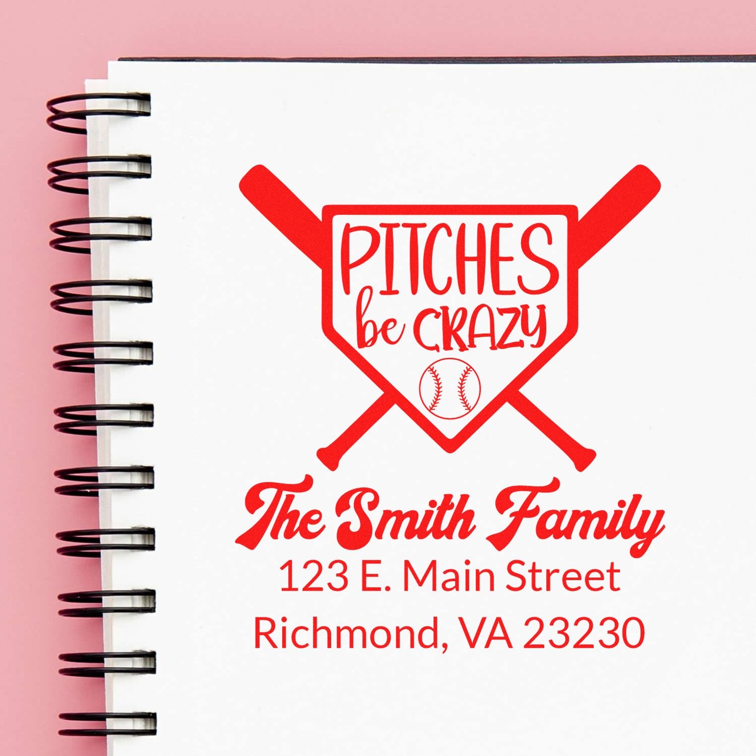 Custom rubber address stamp with baseball Pitches Be Crazy design, family name, and address for personalized mail.