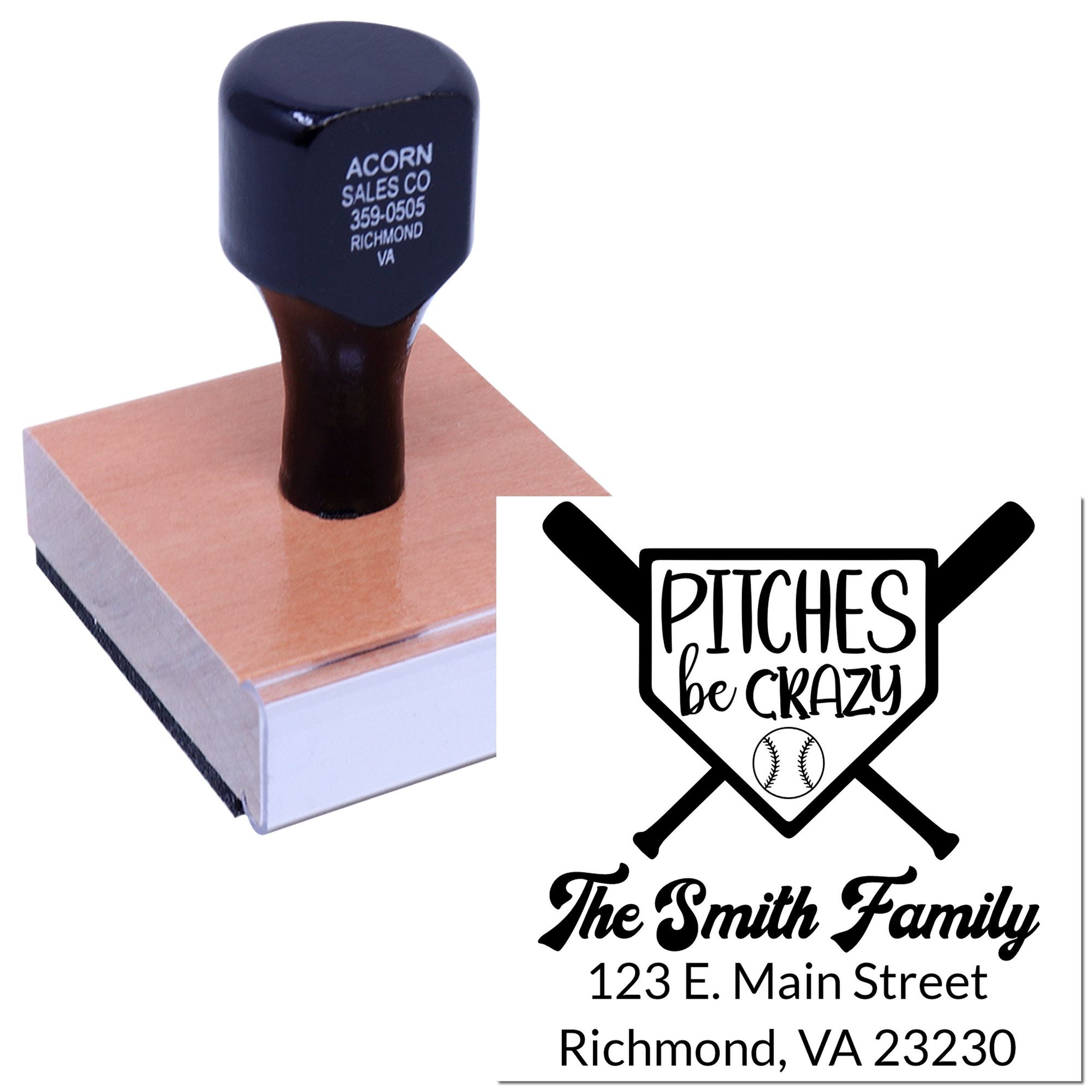 Personalized rubber address stamp with baseball design, "Pitches be Crazy," and The Smith Family Richmond, VA return imprint