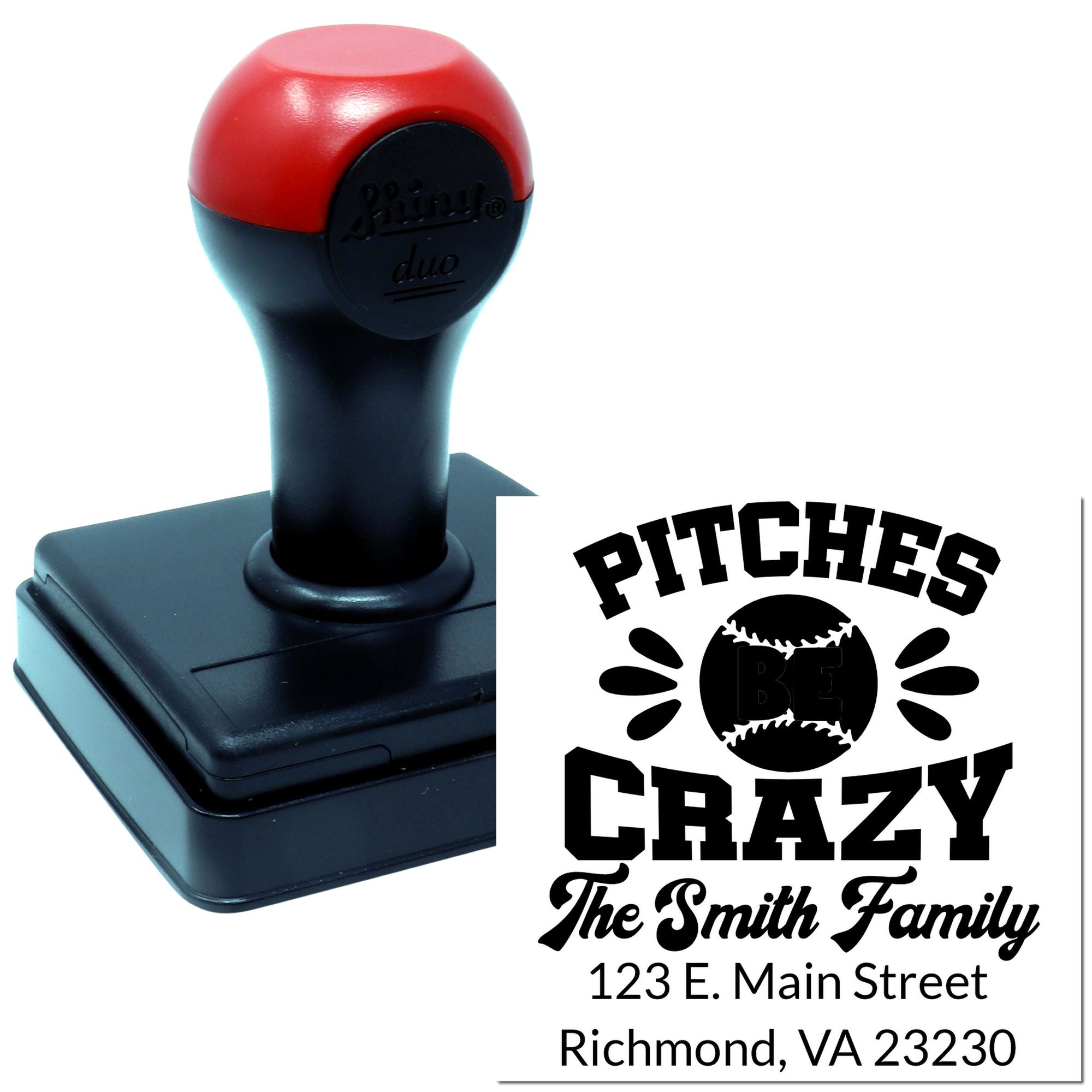 Custom baseball-themed self-inking rubber stamp with Pitches Be Crazy family return address design for personalized mailing.