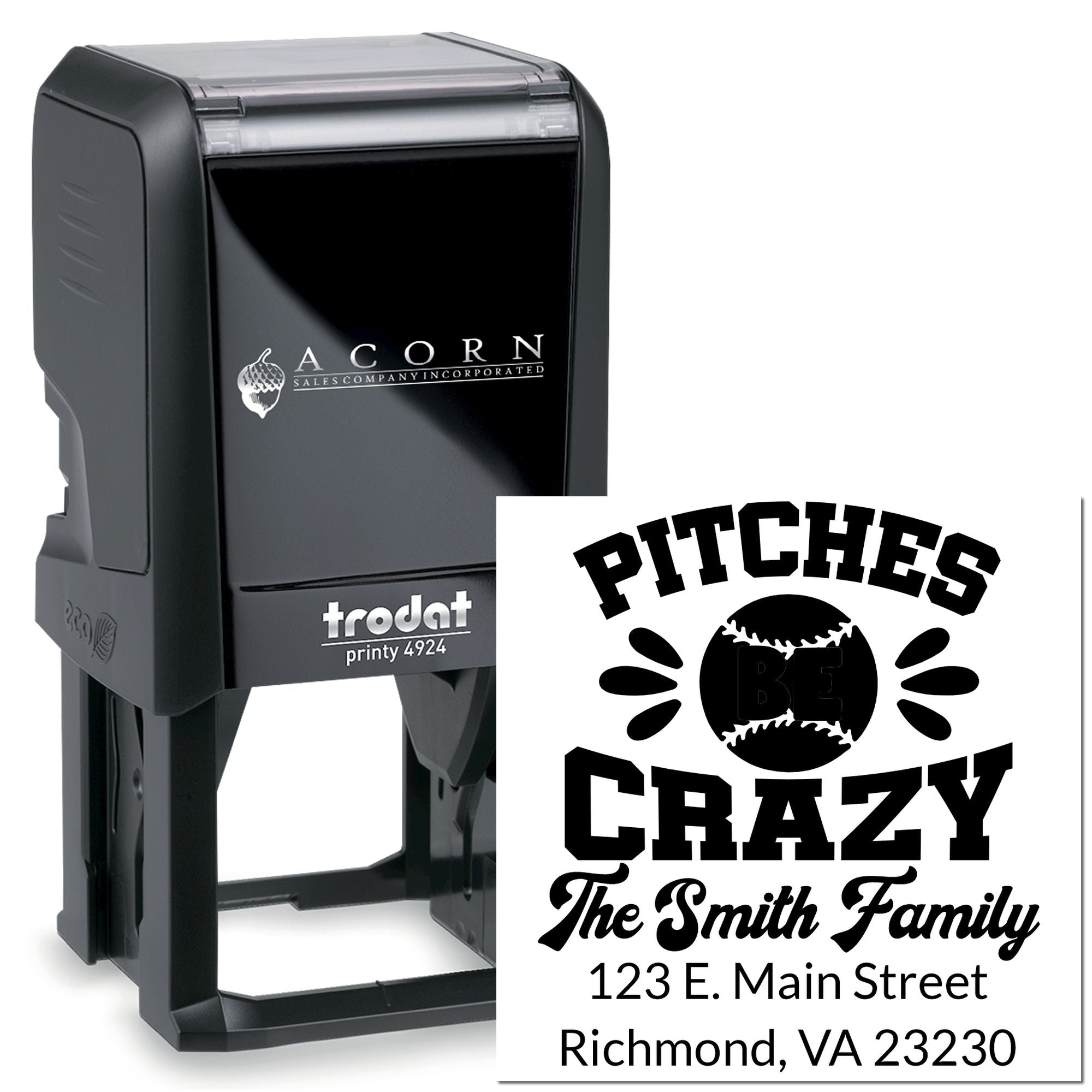 Custom self-inking rubber stamp with baseball-themed return address design for The Smith Family, ideal for personalized mail and packaging.