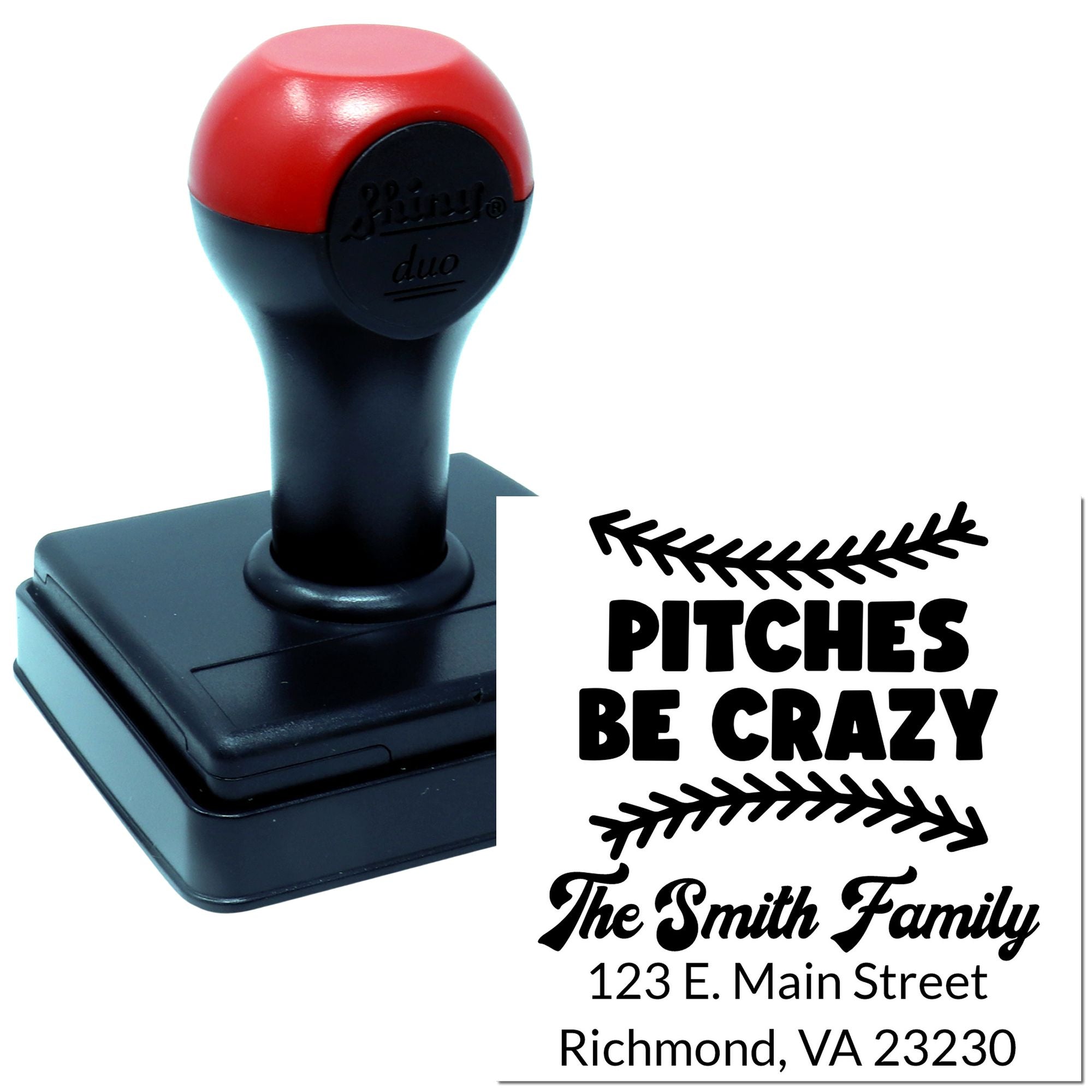 Custom self-inking address rubber stamp with Pitches Be Crazy design and The Smith Family return address.