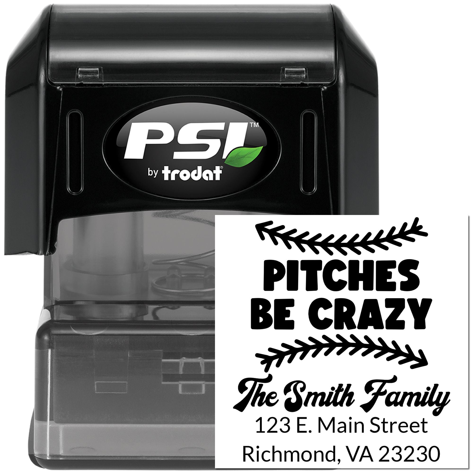 PSI by Trodat self-inking custom rubber address stamp with baseball-themed family name and return address imprint