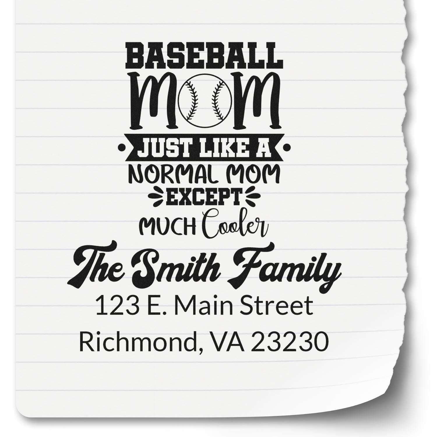 Custom baseball mom address rubber stamp with family name, 123 E. Main Street, Richmond, VA 23230.