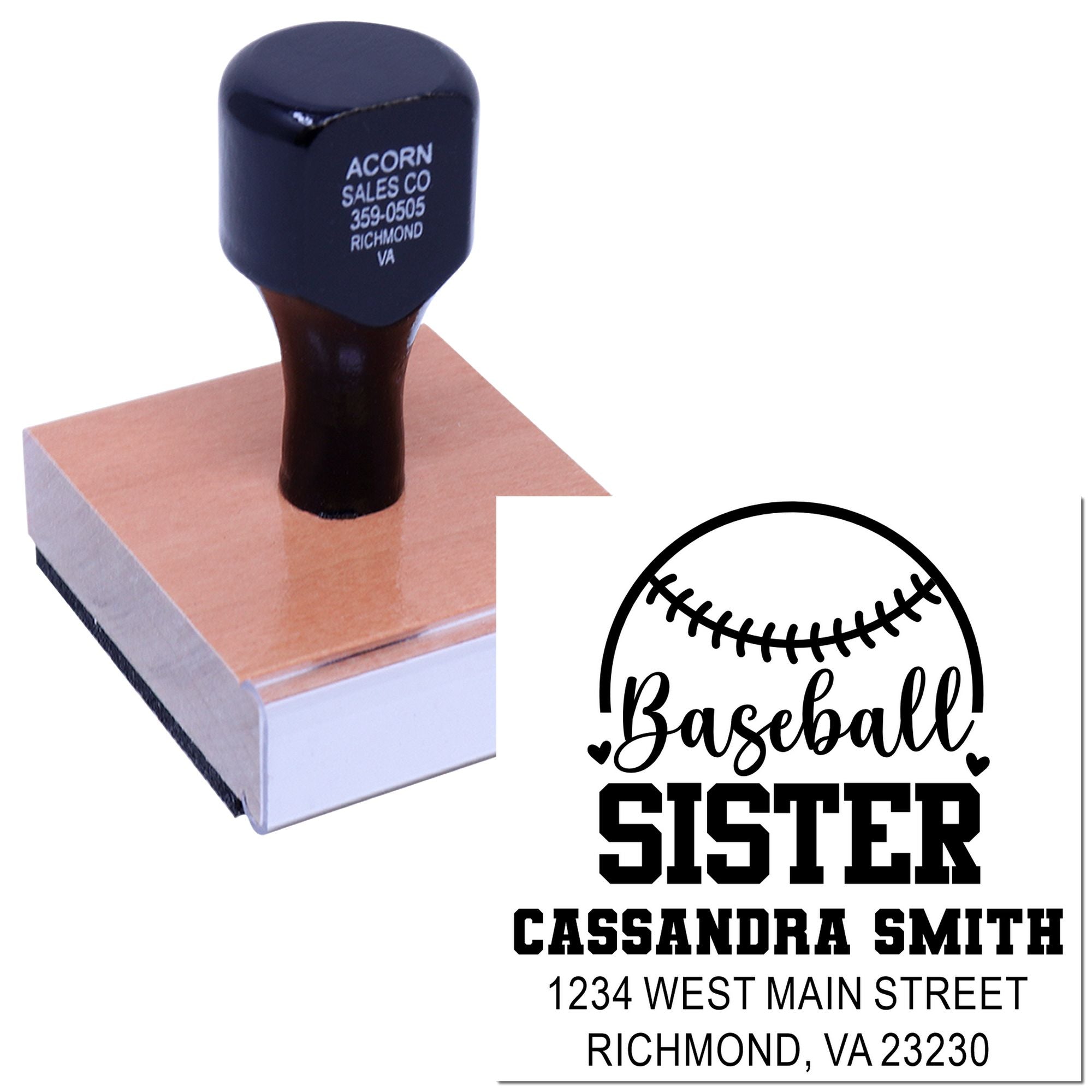 Custom self-inking rubber stamp with baseball sister design, personalized name, and address
