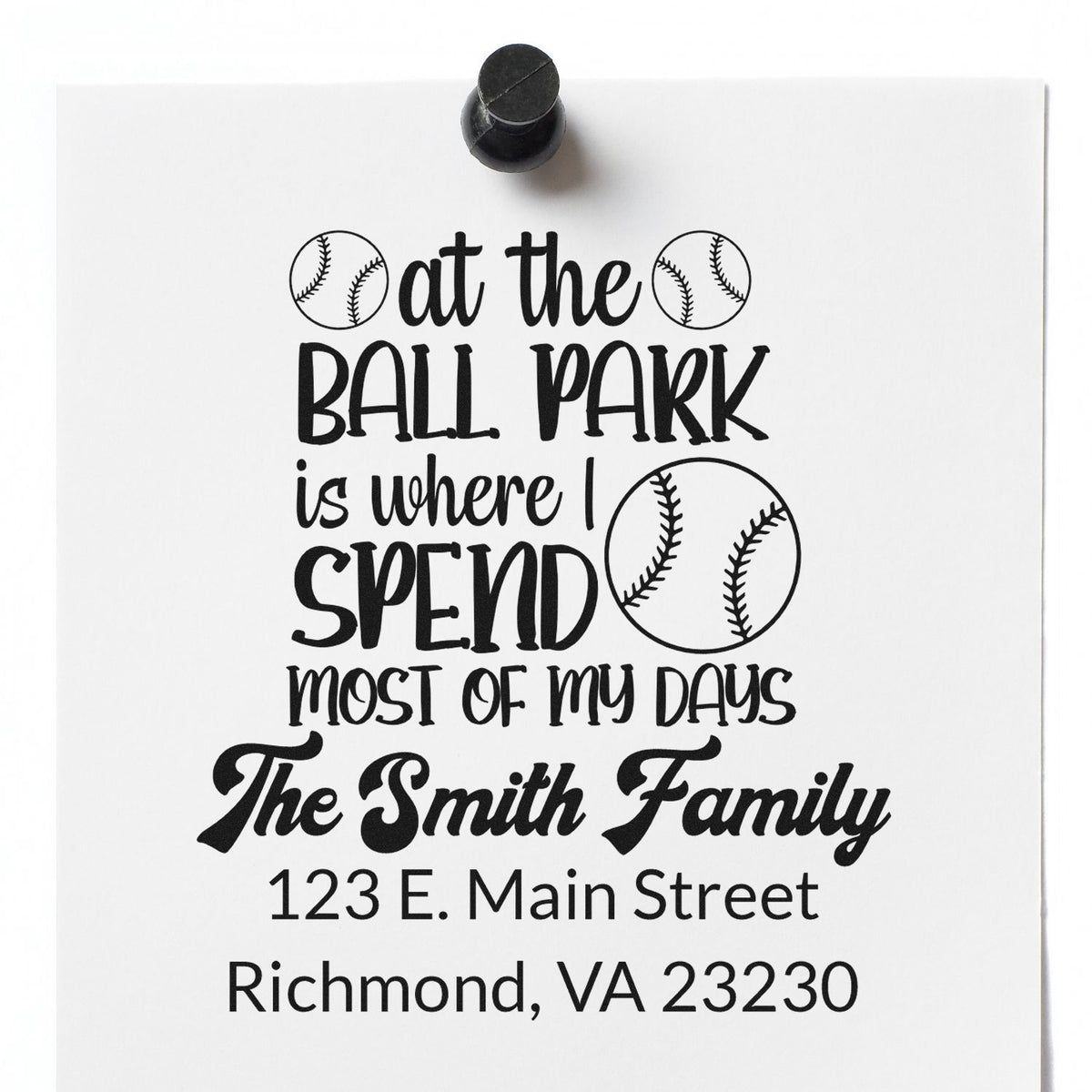 Personalized baseball return address rubber stamp with At the ball park design for The Smith Family.