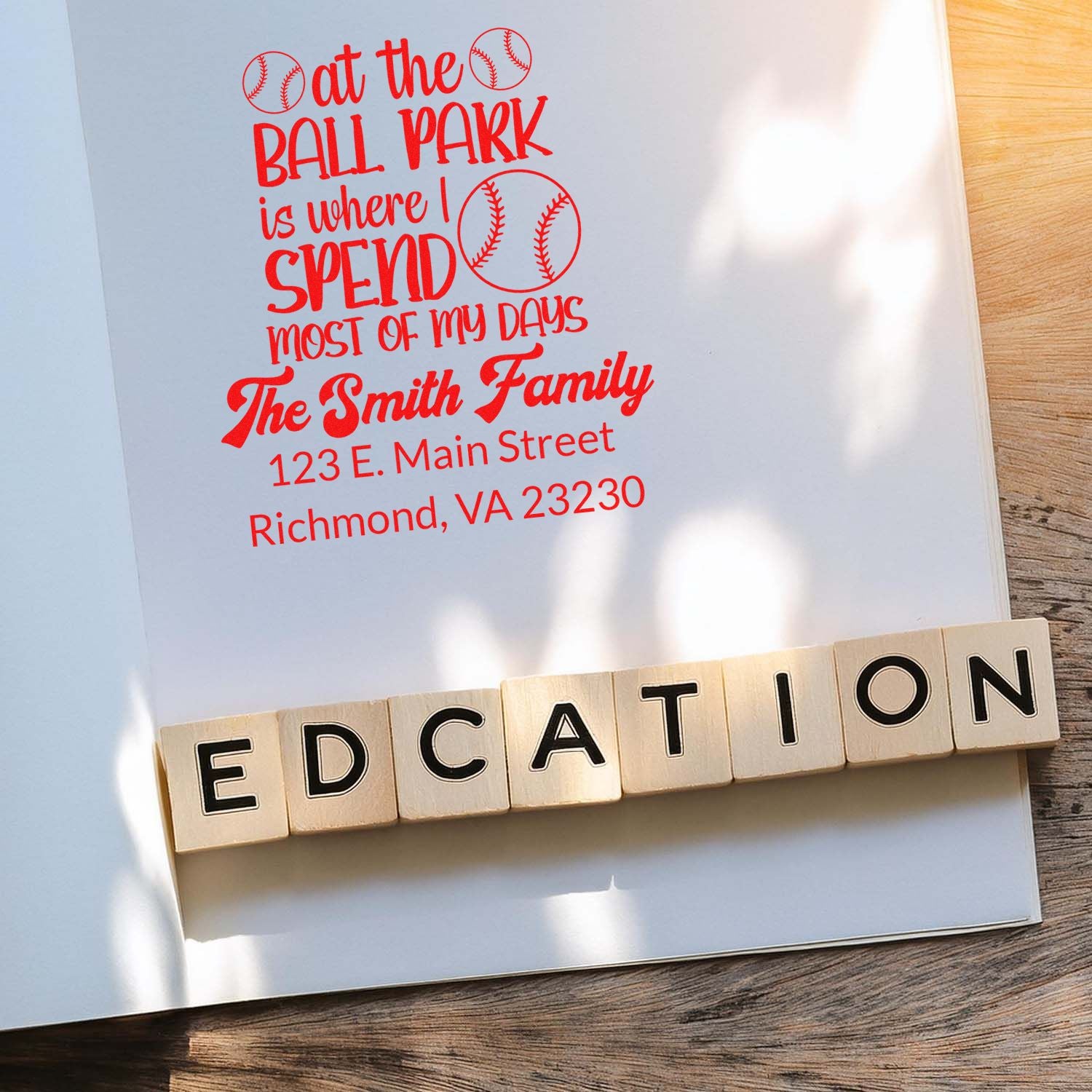 Custom baseball family address rubber stamp with ballpark quote for personalized stationery and invitations.
