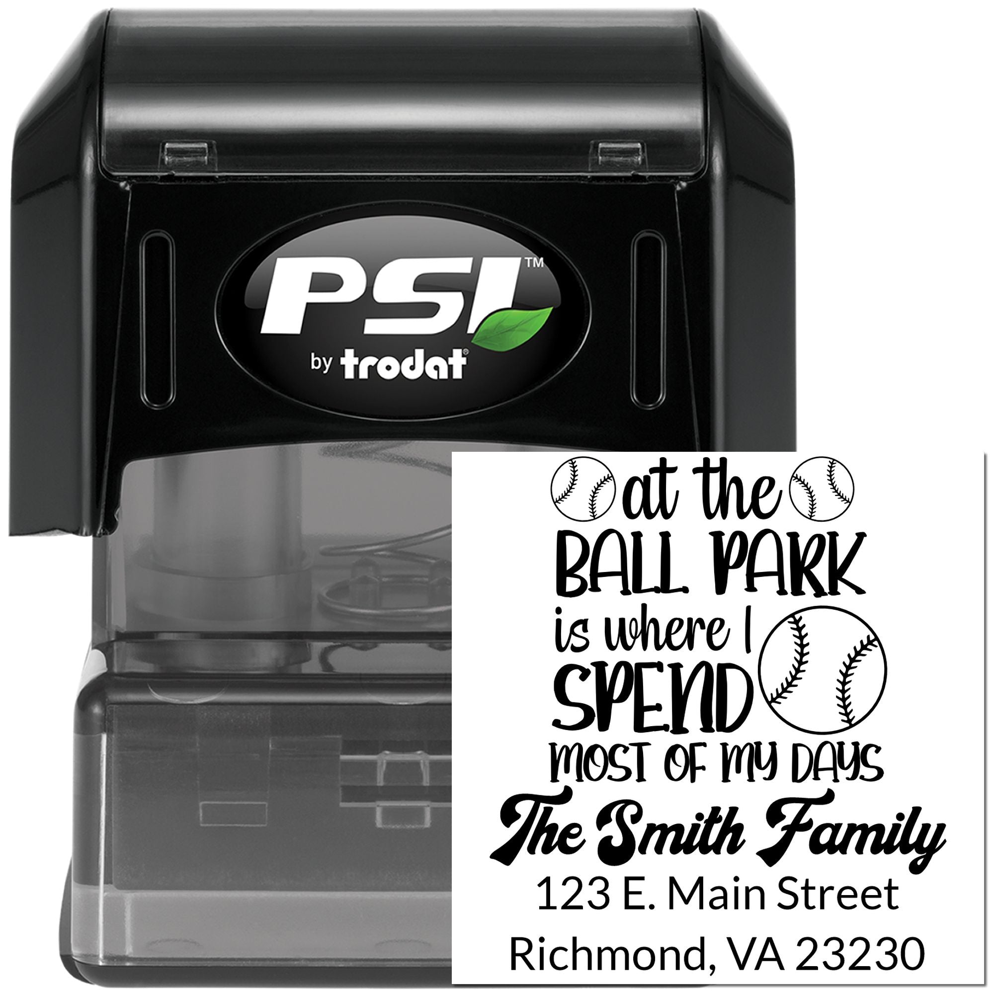 Custom self-inking PSI by Trodat rubber stamp with baseball quote, family name, and address for personalized mailings.