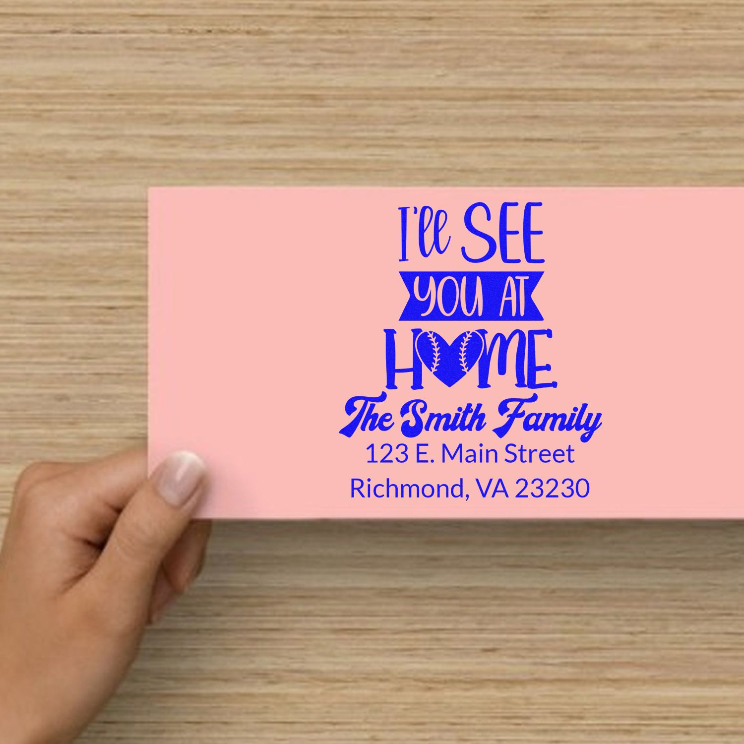 Custom rubber stamp design for a baseball-themed family return address stamp reading Ill see you at home with address.