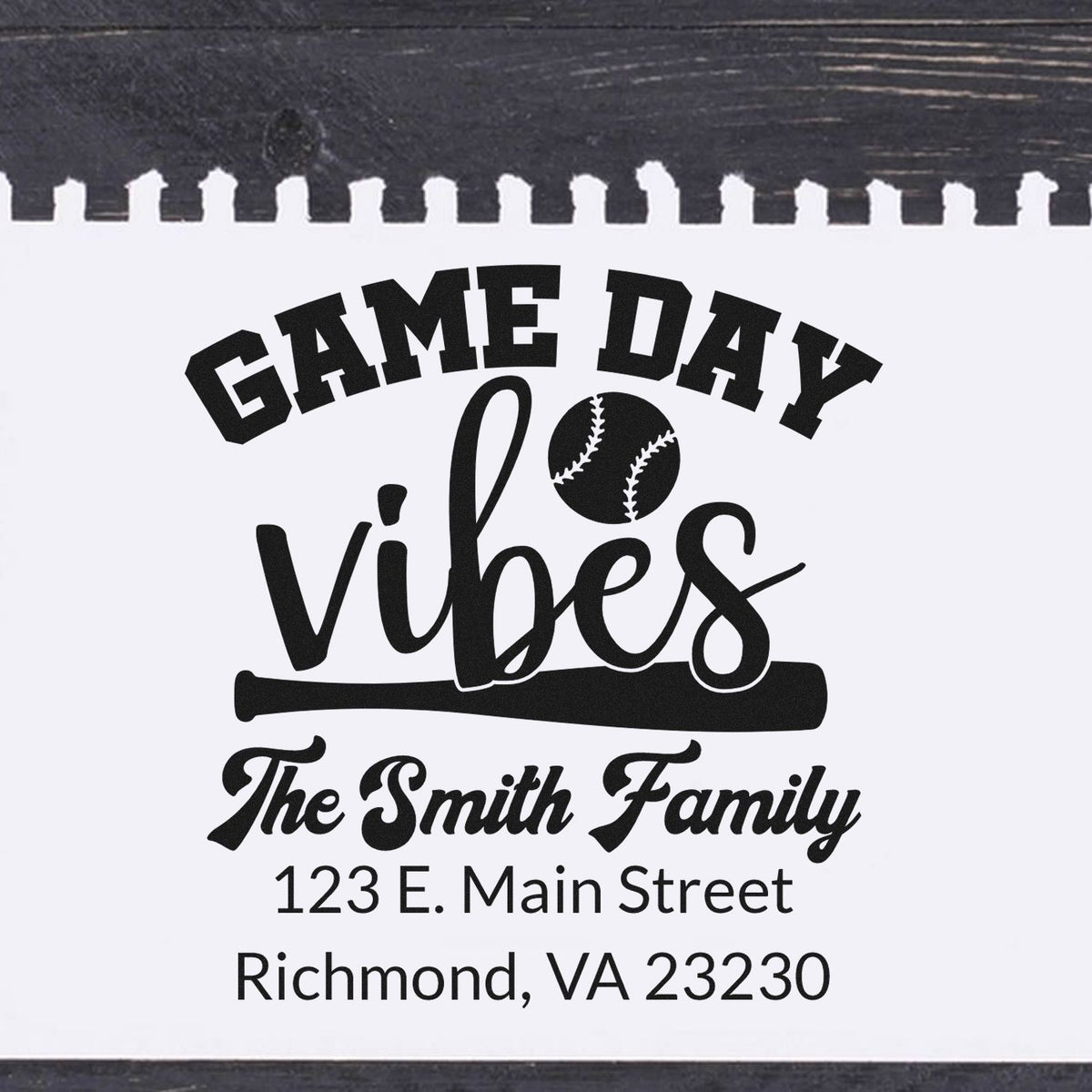 Custom game day vibes rubber stamp with baseball design, The Smith Family, and return address in Richmond, VA.
