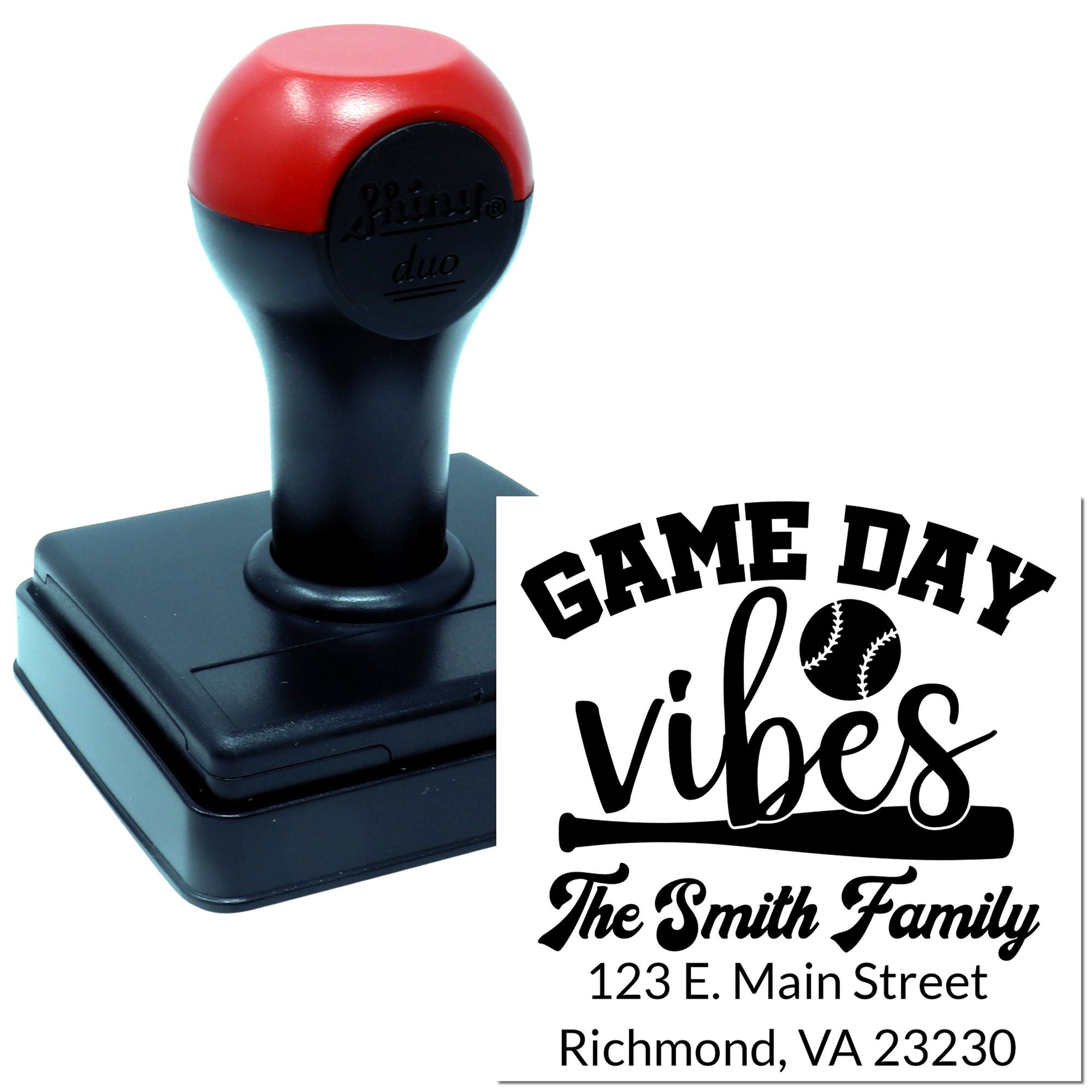Personalized self-inking rubber stamp with Game Day Vibes baseball design, The Smith Family return address stamp.