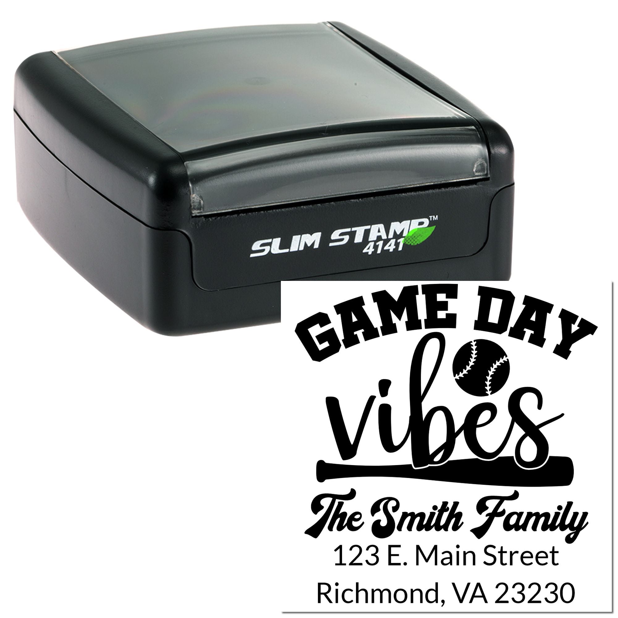 Custom self-inking rubber stamp with Game Day Vibes design and The Smith Family address imprint.