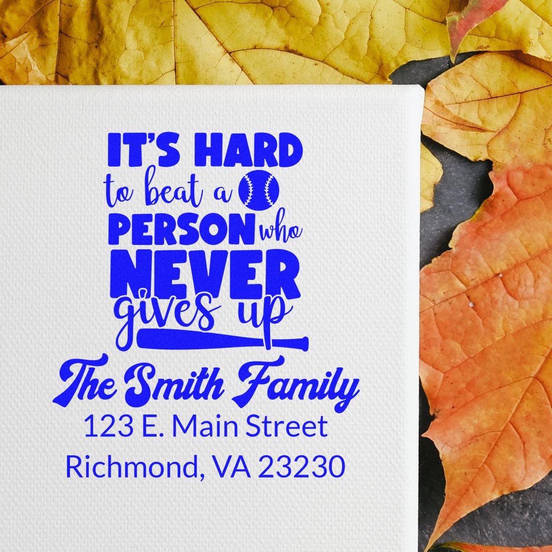 Custom baseball-themed return address stamp for the Smith family with quote and Richmond, VA address.