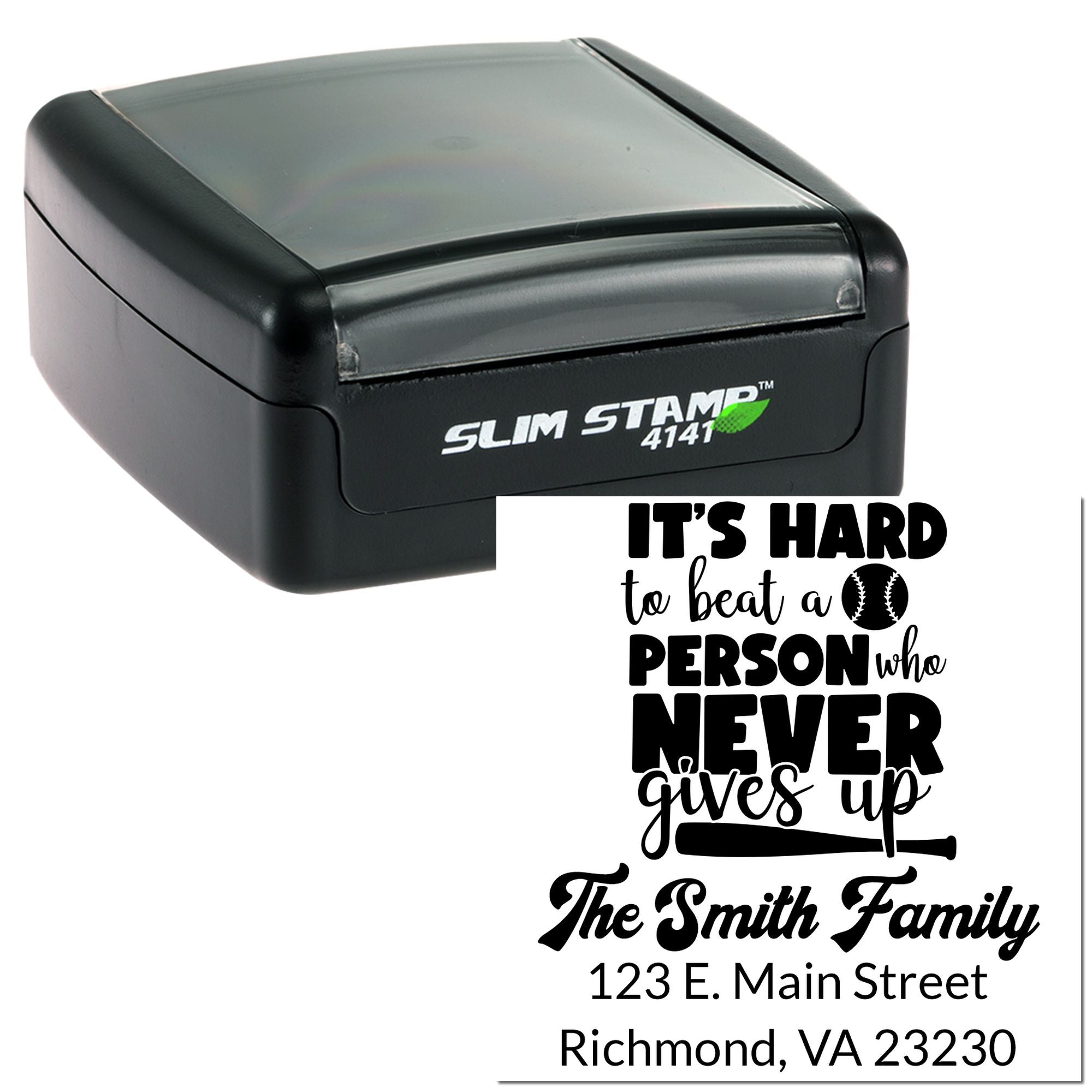 Custom self-inking rubber address stamp with baseball quote and family name for personalized mailings.