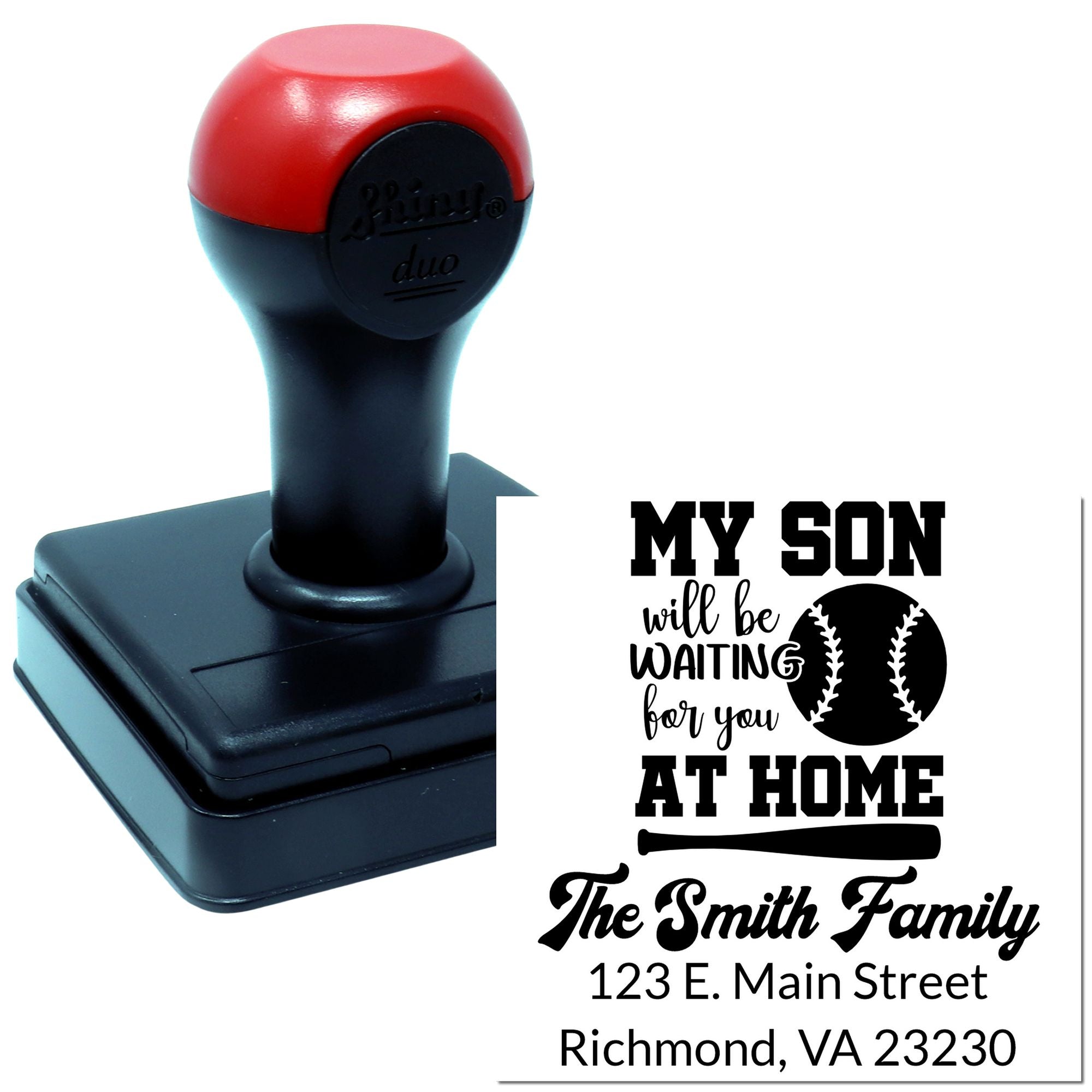 Personalized self-inking rubber stamp with baseball design and custom return address for family mailings.