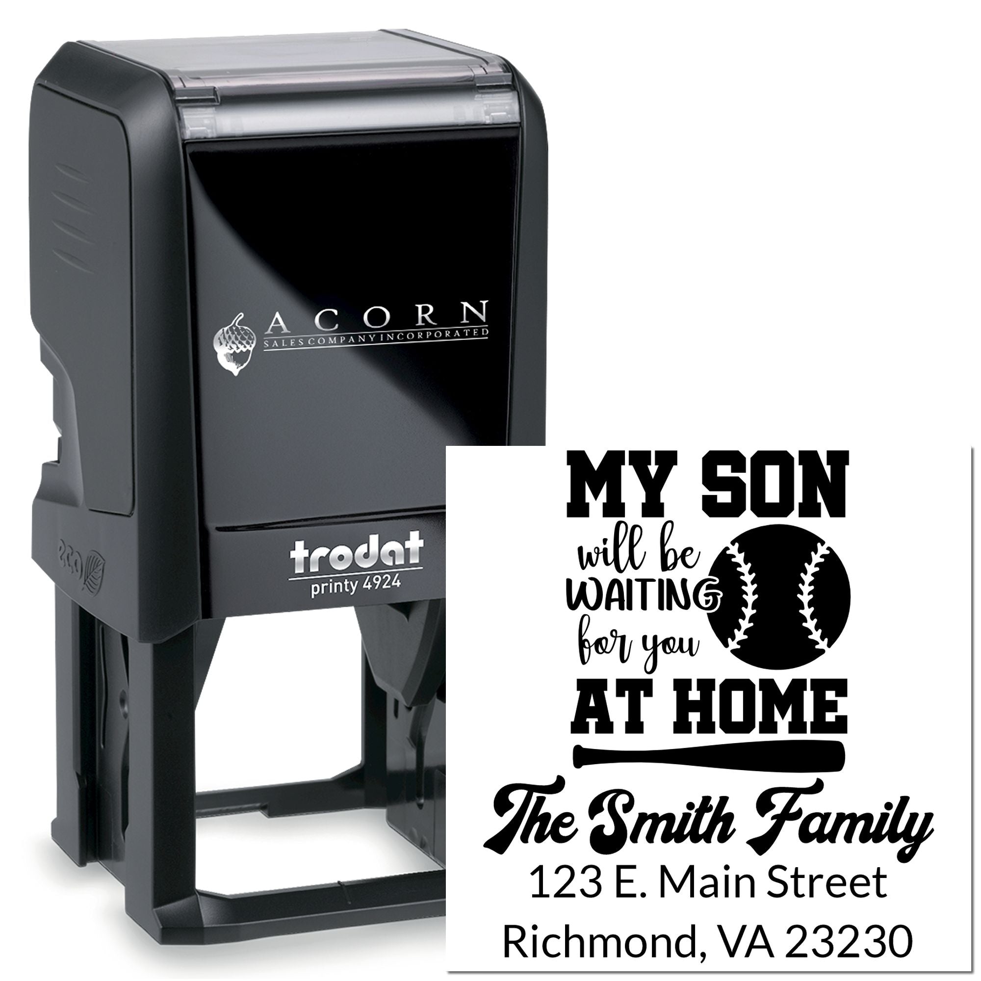 Custom self-inking rubber stamp with baseball-themed family return address, My son will be waiting for you at home design.