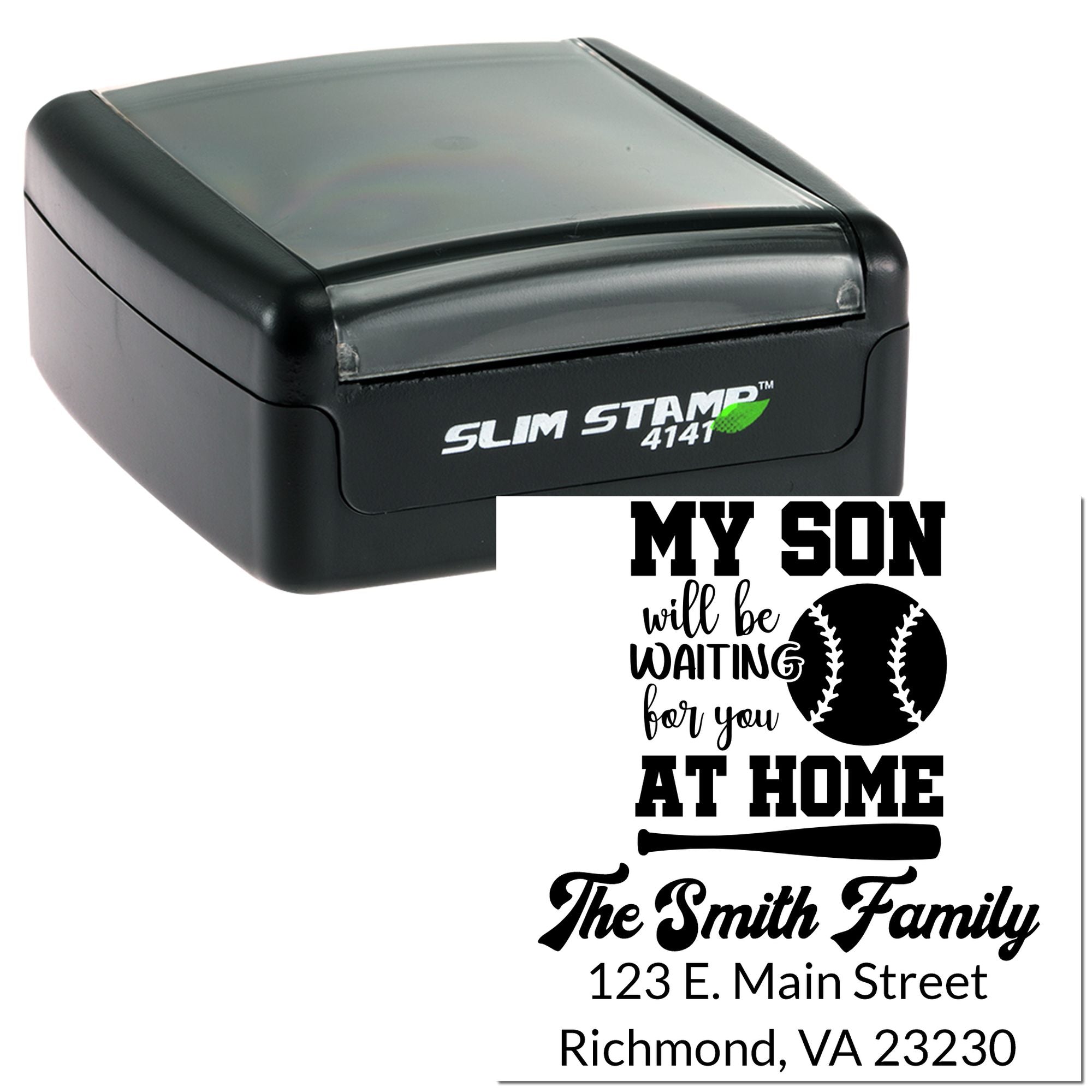 Custom self-inking rubber stamp with baseball-themed family address and my son will be waiting for you at home design.