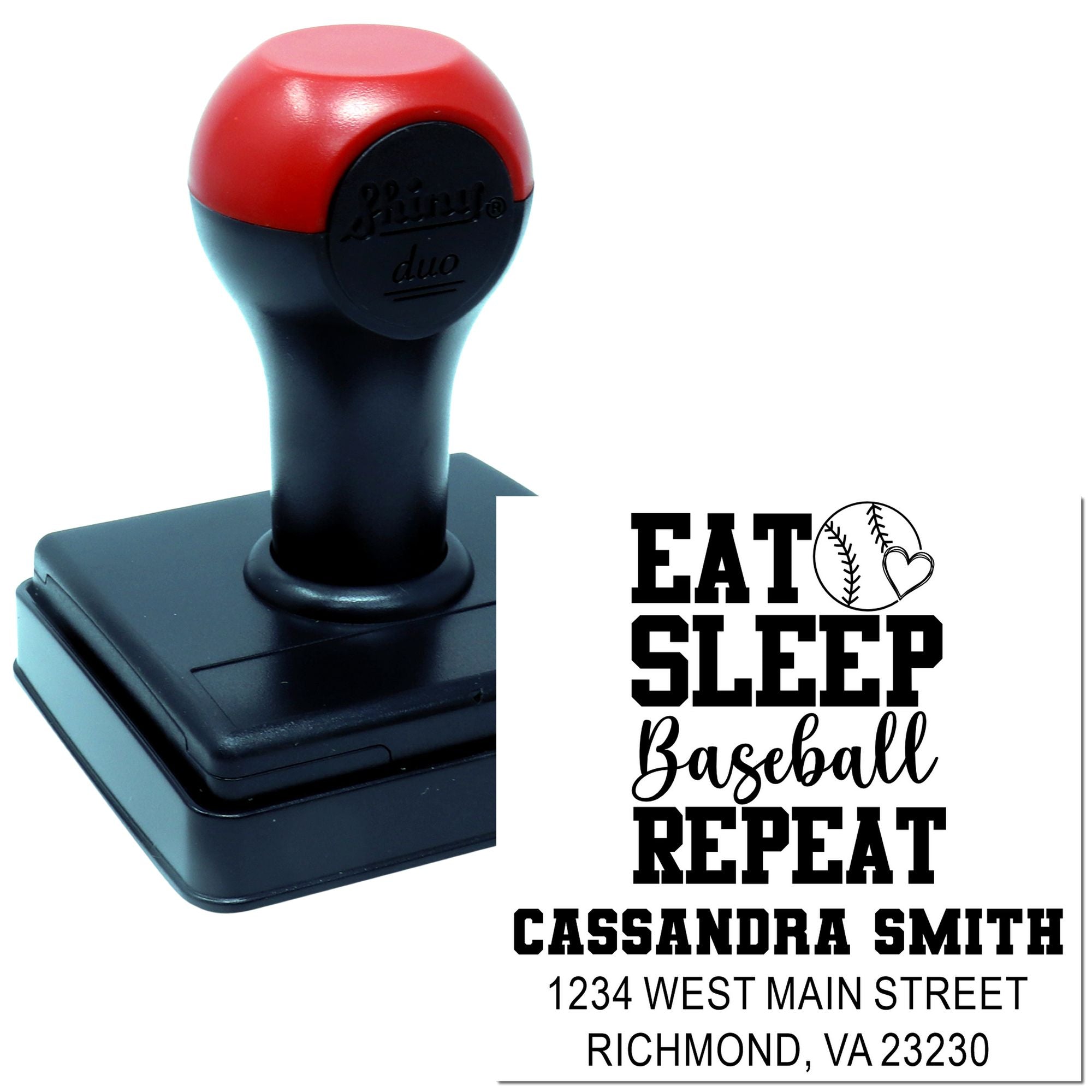 Custom self-inking rubber stamp with Eat Sleep Baseball Repeat design and personalized name and address.