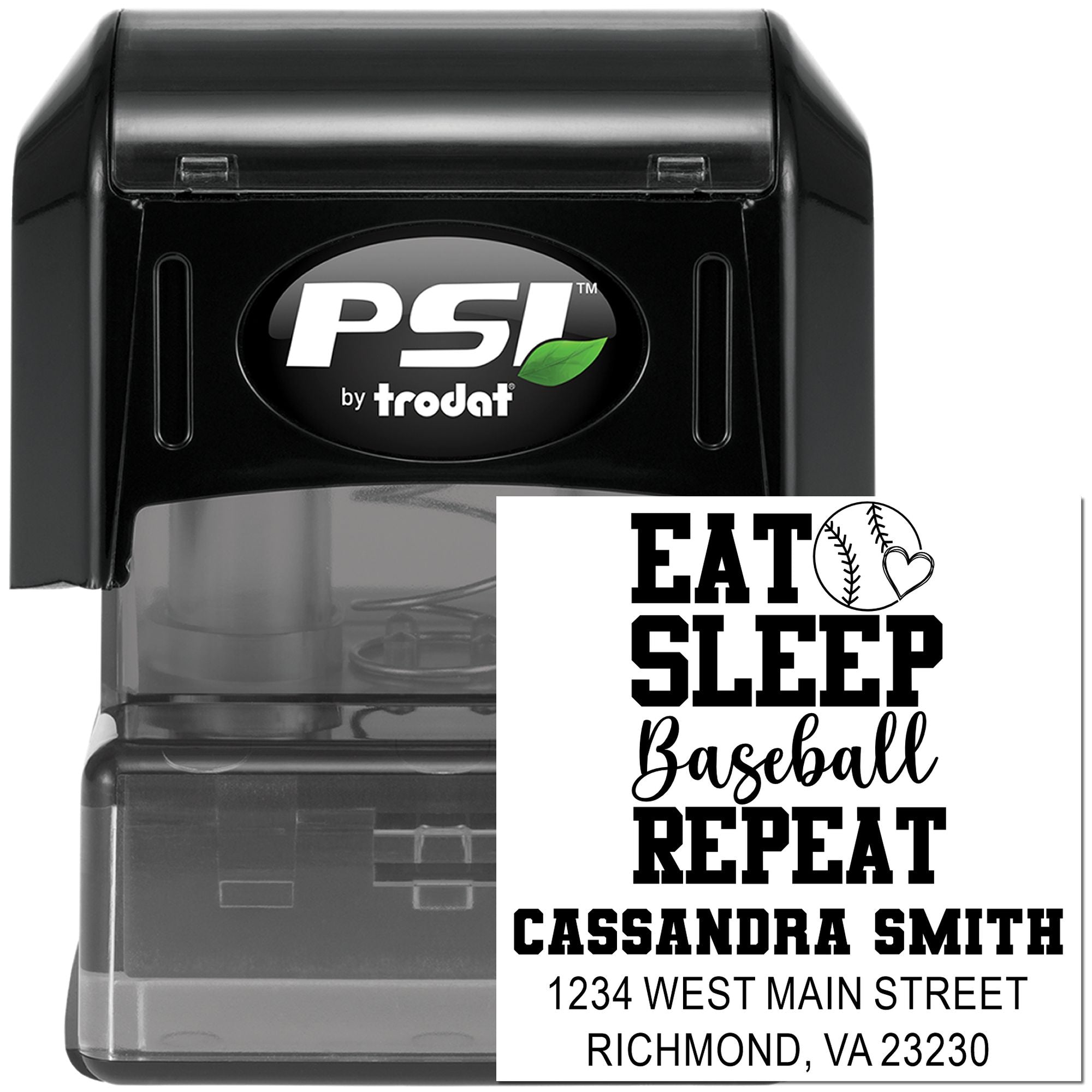 Baseball-themed self-inking address stamp with Eat Sleep Baseball Repeat design, name, and Richmond, VA address.
