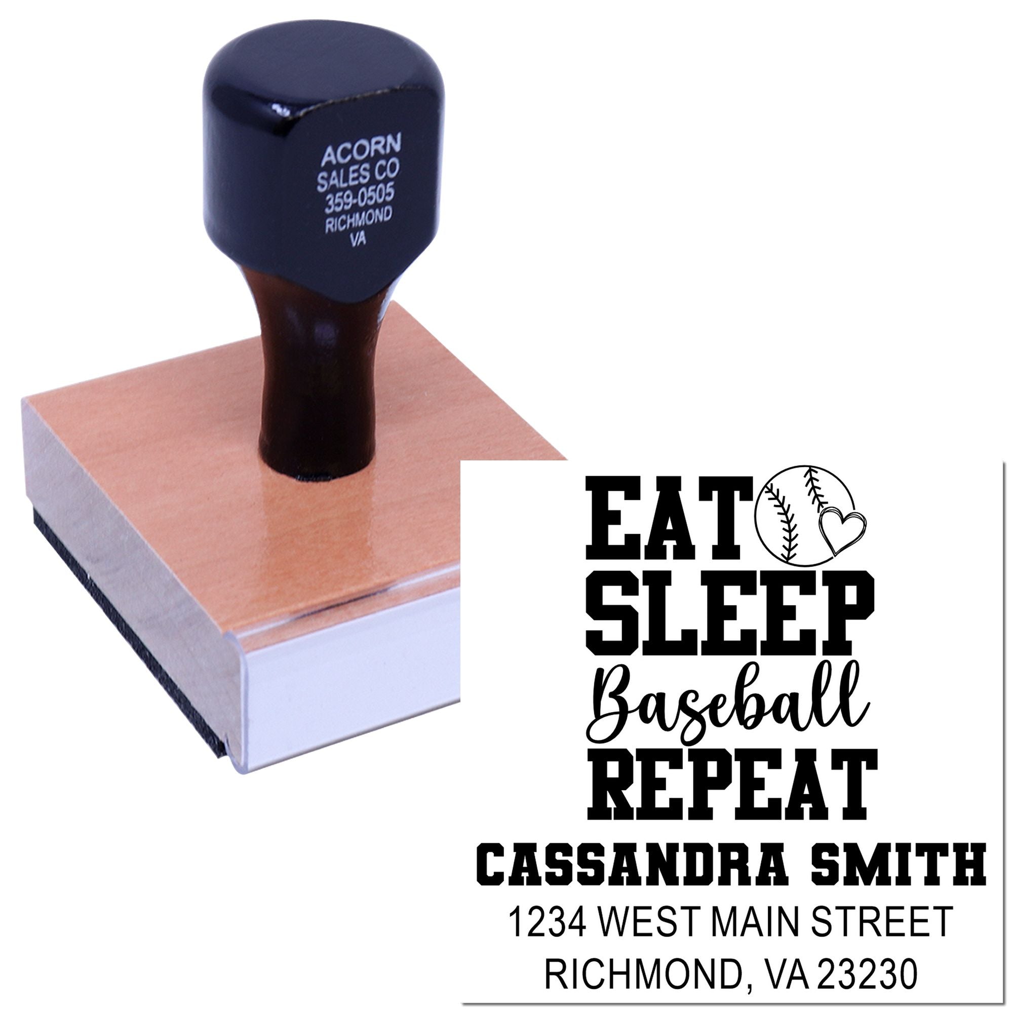 Personalized self-inking rubber stamp for baseball fans with Eat Sleep Baseball Repeat custom name and address.